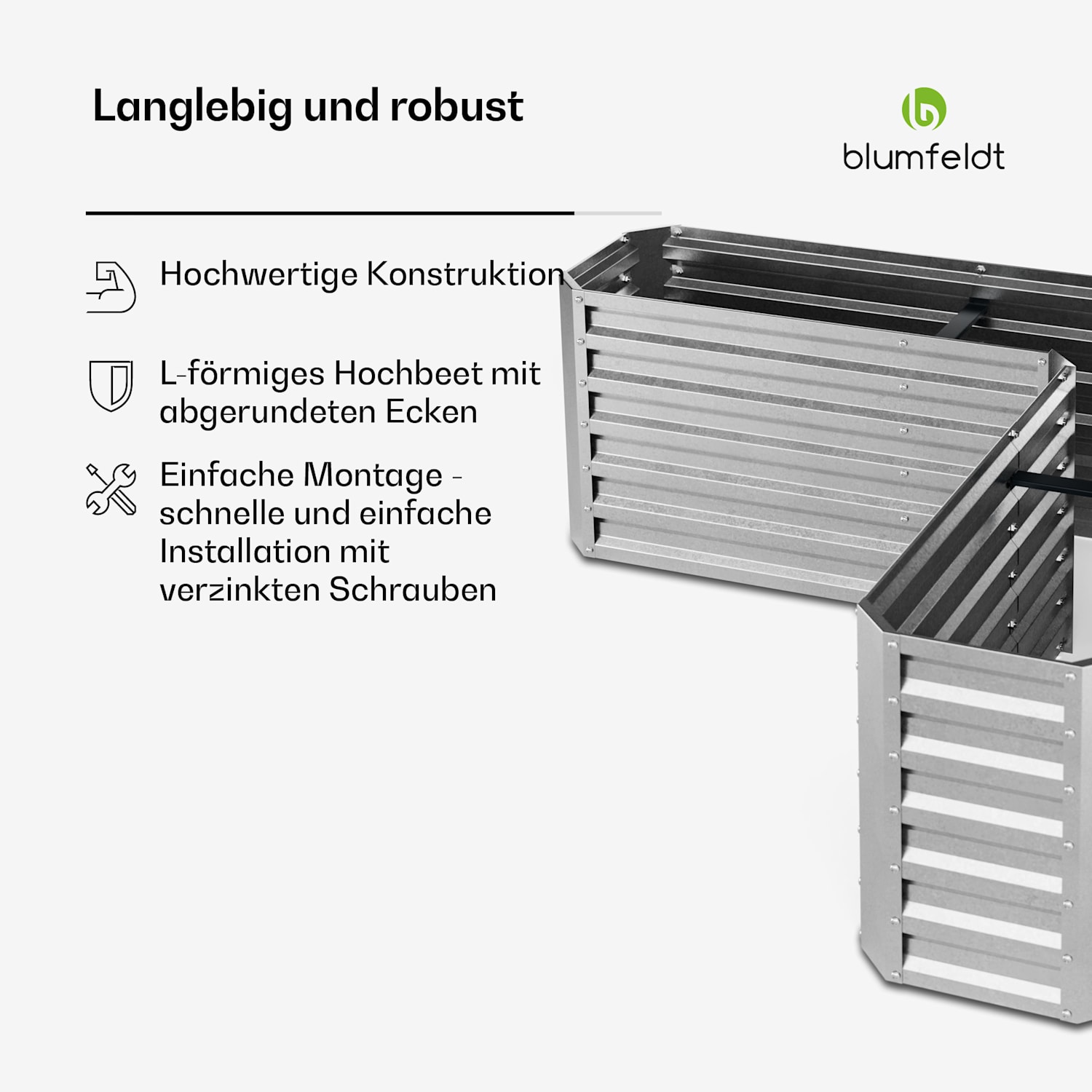 High Grow Hochbeet | L-Form | wetterfest | rostfrei | robust | 742 L 160 x 160 x 60 cm | Silber