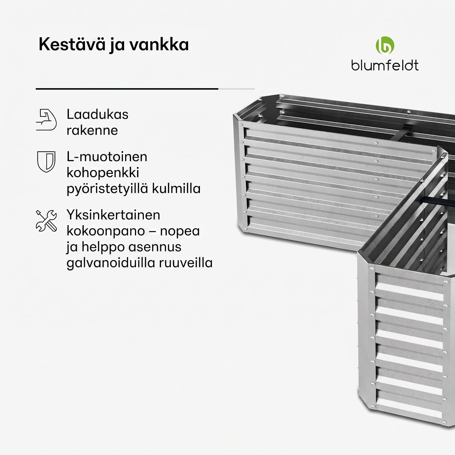 High Grow korotettu viljelylaatikko | L-muoto | säänkestävä | ruostumaton | kestävä | 742 L 160 x 160 x 60 cm | Hopea