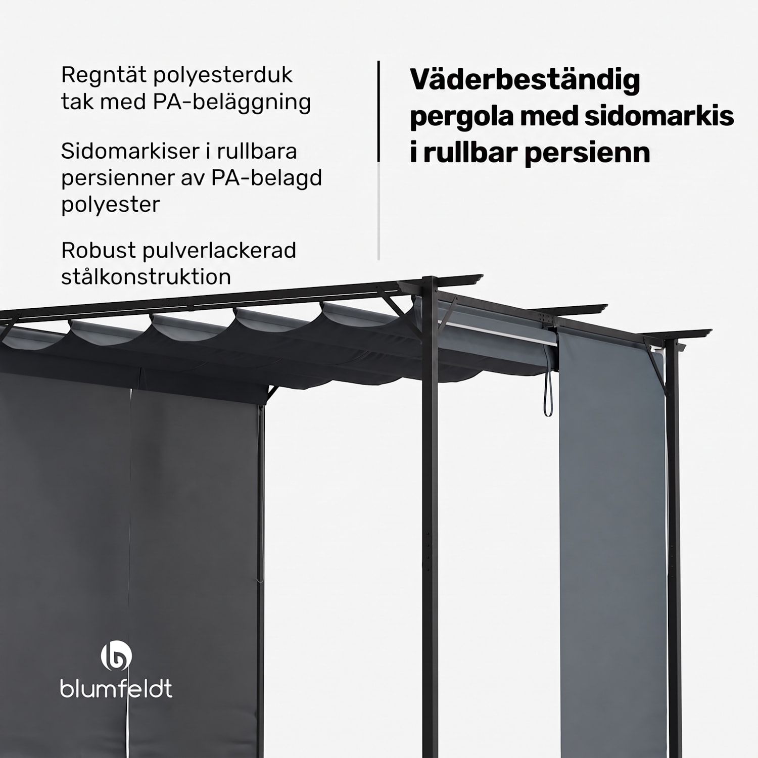 Pantheon Robust Pergola 3x3 m, väderbeständig, pulverlackerat stål, rulljalusier på sidorna 3 x 3 m | Med sidoväggar | Mörkgrå