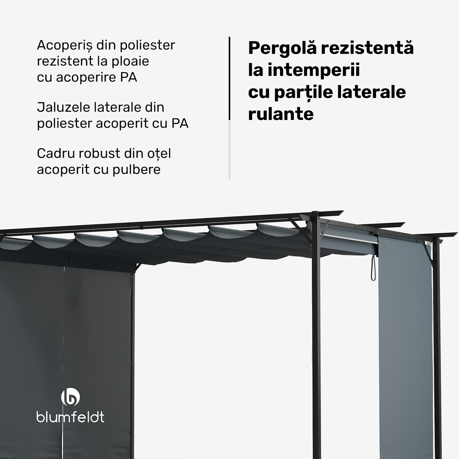 Pantheon Robust Pergola, 3x4 m Oțel vopsit în câmp electrostatic, rezistent la intemperii, cu rulouri laterale. 3 x 4 m | cu panouri laterale | Gri închis