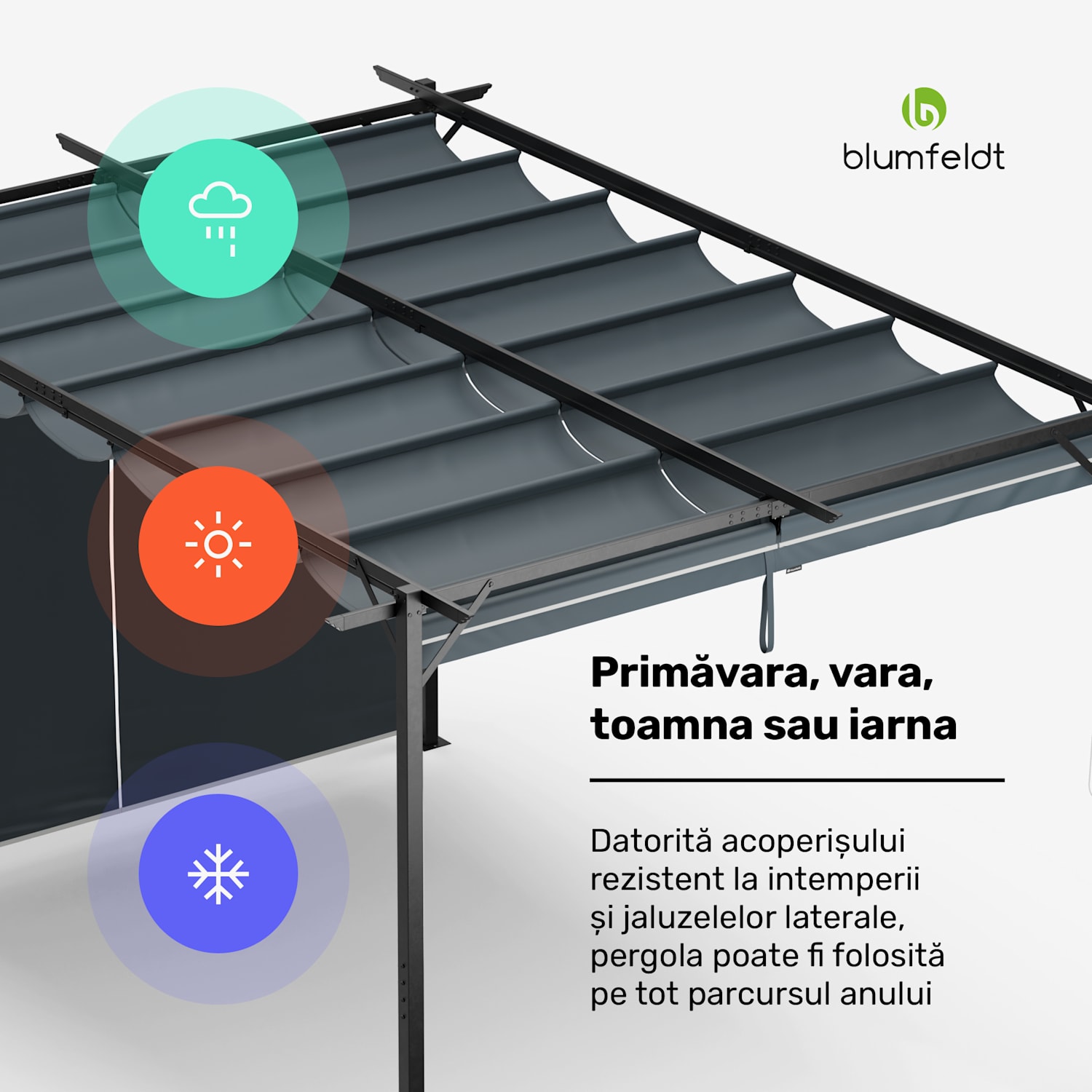 Pantheon Robust Pergola, 3x4 m Oțel vopsit în câmp electrostatic, rezistent la intemperii, cu rulouri laterale. 3 x 4 m | cu panouri laterale | Gri închis