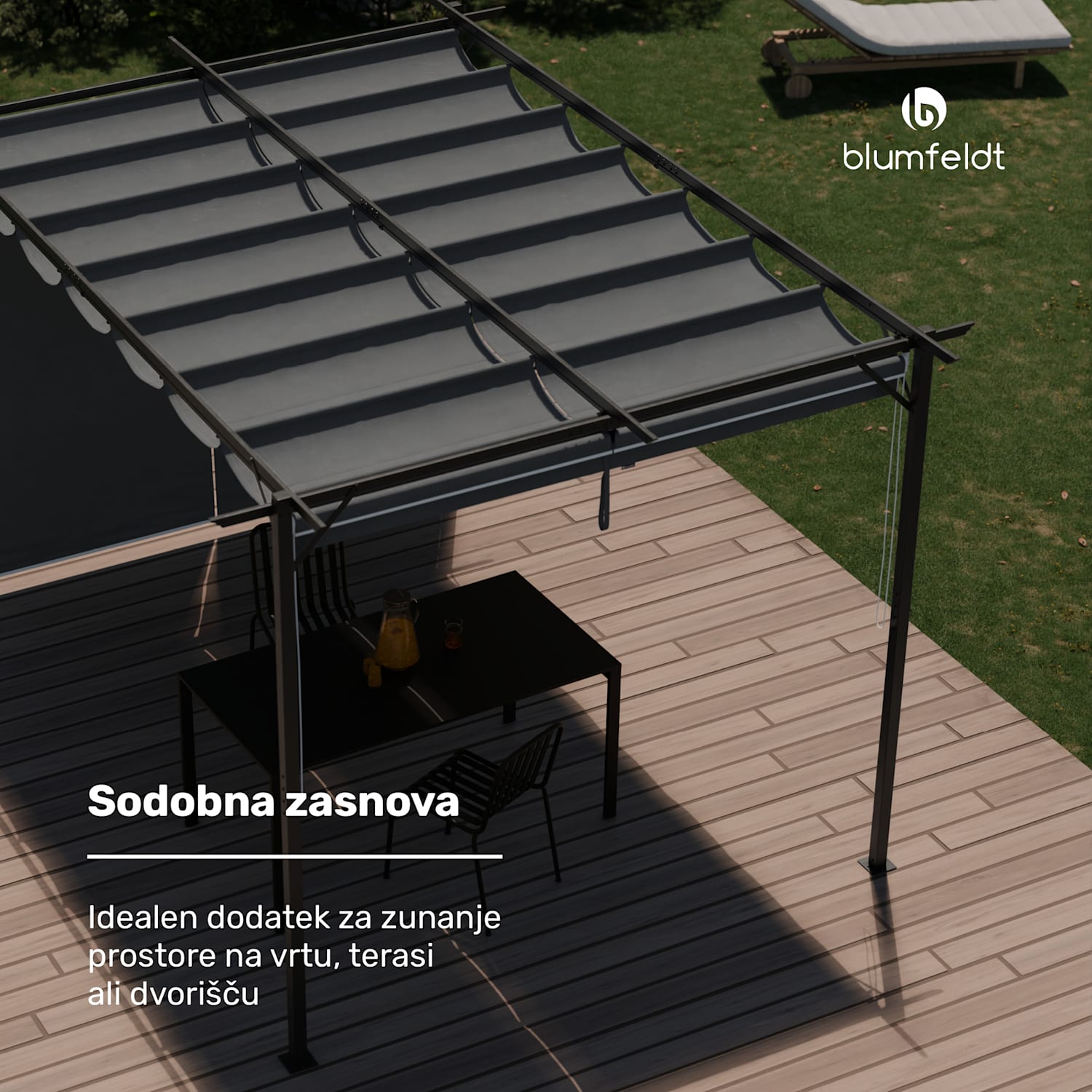 Pantheon Robust Pergola, 3x4 m, prašno barvano jeklo, odporno na vremenske vplive, s stranskimi roloji 3 x 4 m | s stranskimi ploščami | Temno siva
