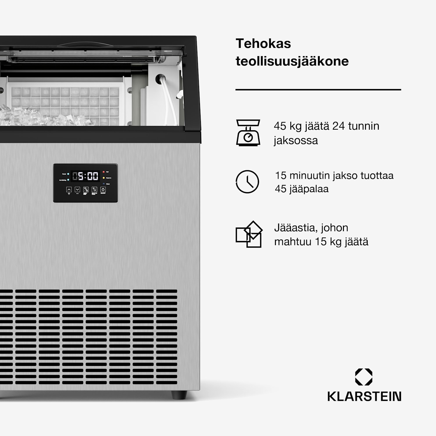 Glacial Industrial -jääpalakone 45 kg LED-näytöllä ja katseluikkunalla 
