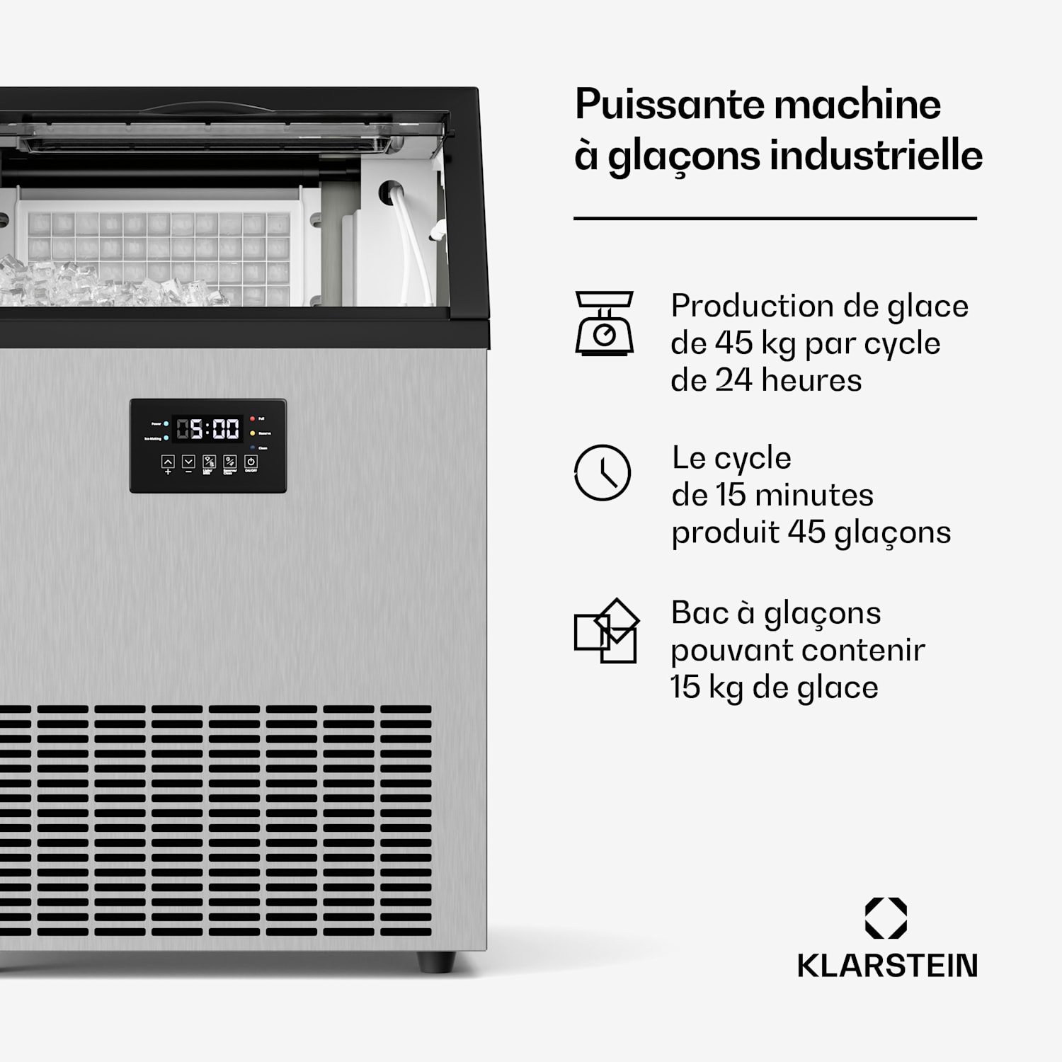 Machine à glaçons industrielle Glacial 45 kg avec écran LED et fenêtre de visualisation 