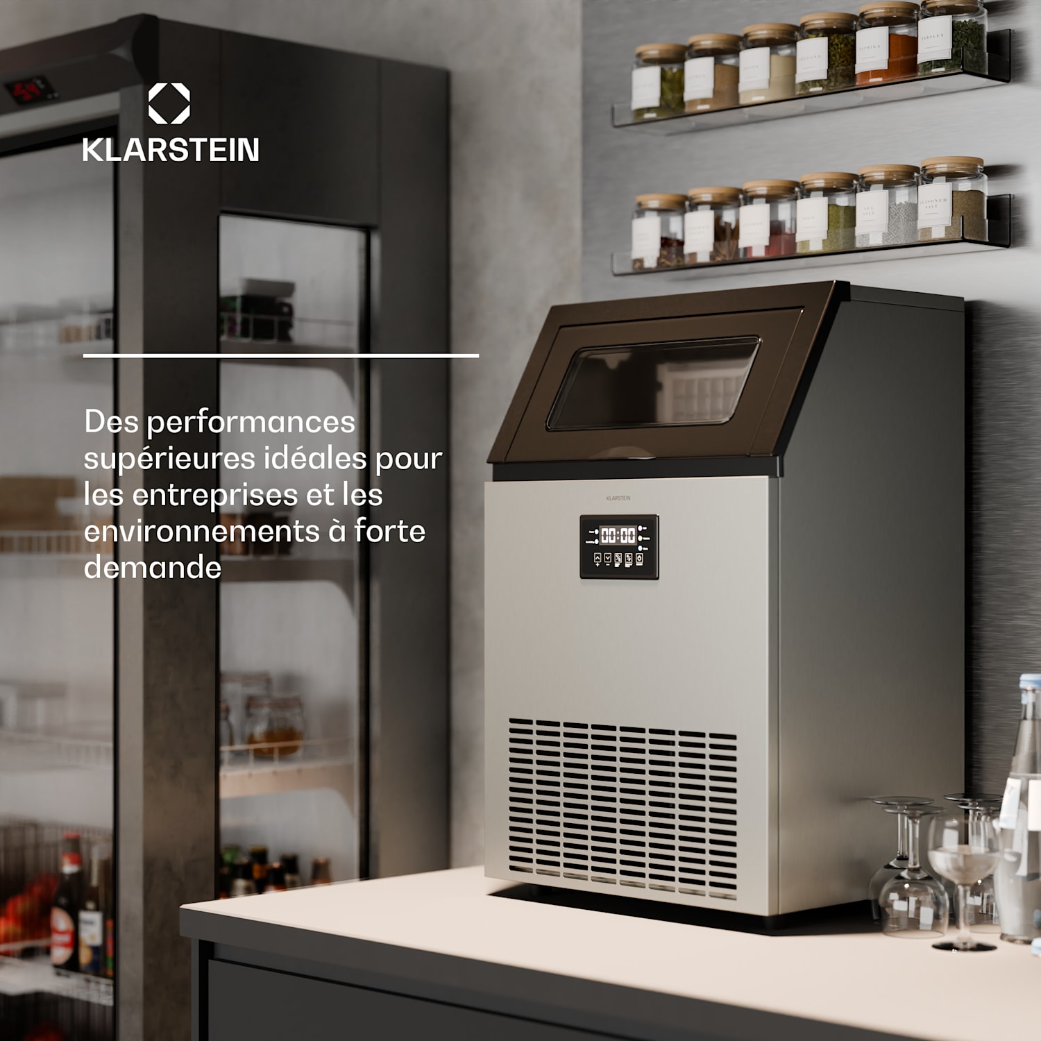 Machine à glaçons industrielle Glacial 45 kg avec écran LED et fenêtre de visualisation 