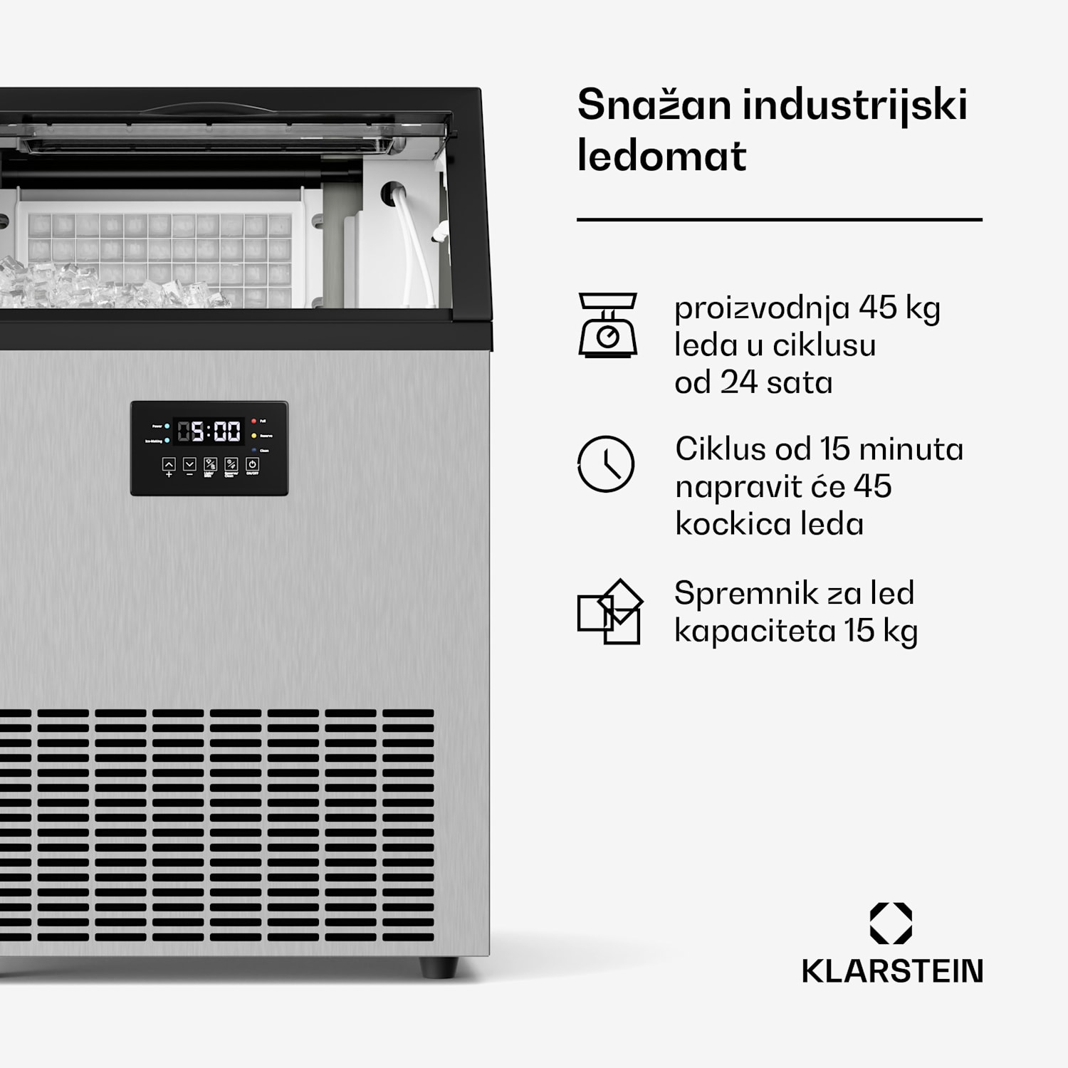 Glacial industrijski ledomat za kockice leda, kapaciteta 45 kg, s LED zaslonom i prozorčićem. 