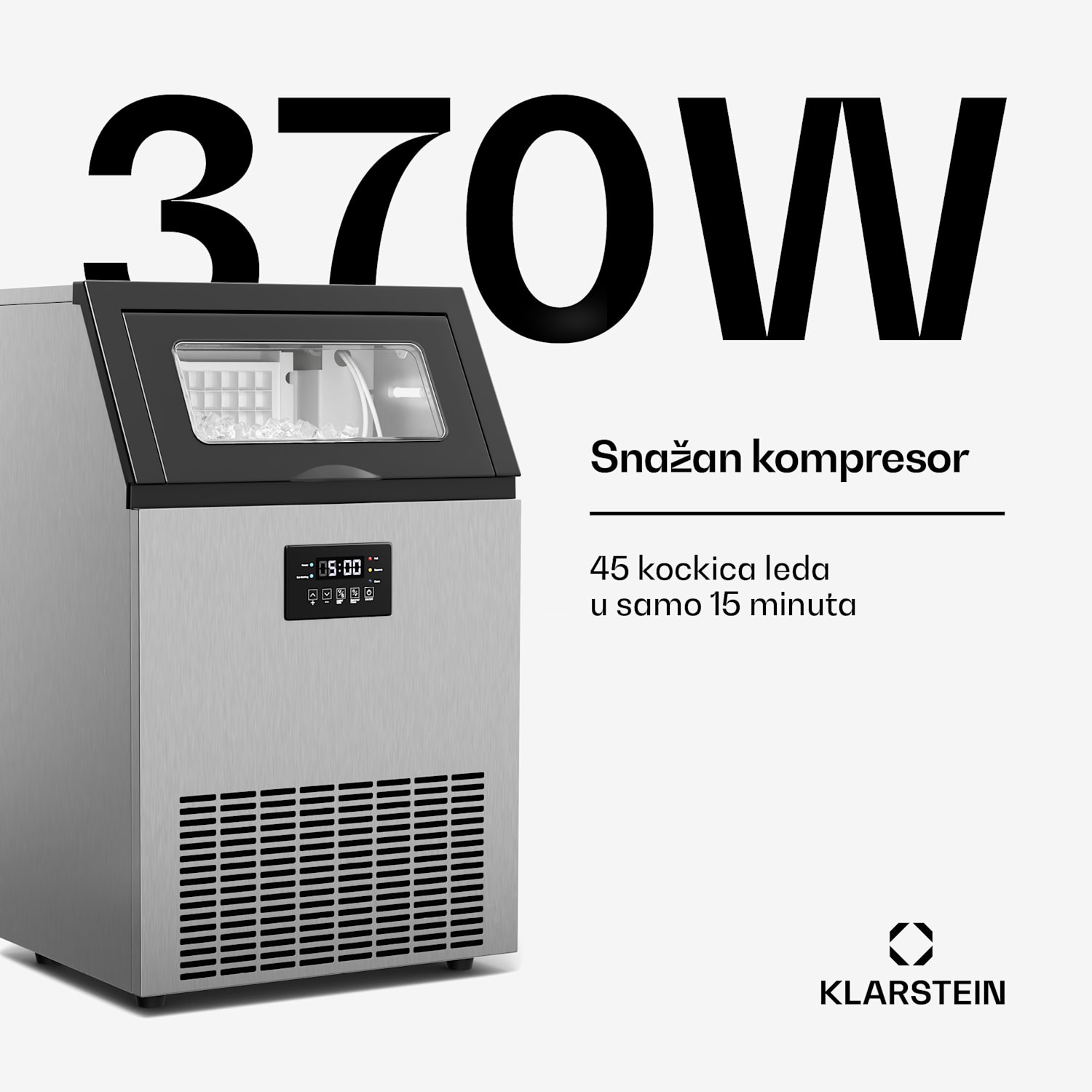 Glacial industrijski ledomat za kockice leda, kapaciteta 45 kg, s LED zaslonom i prozorčićem. 