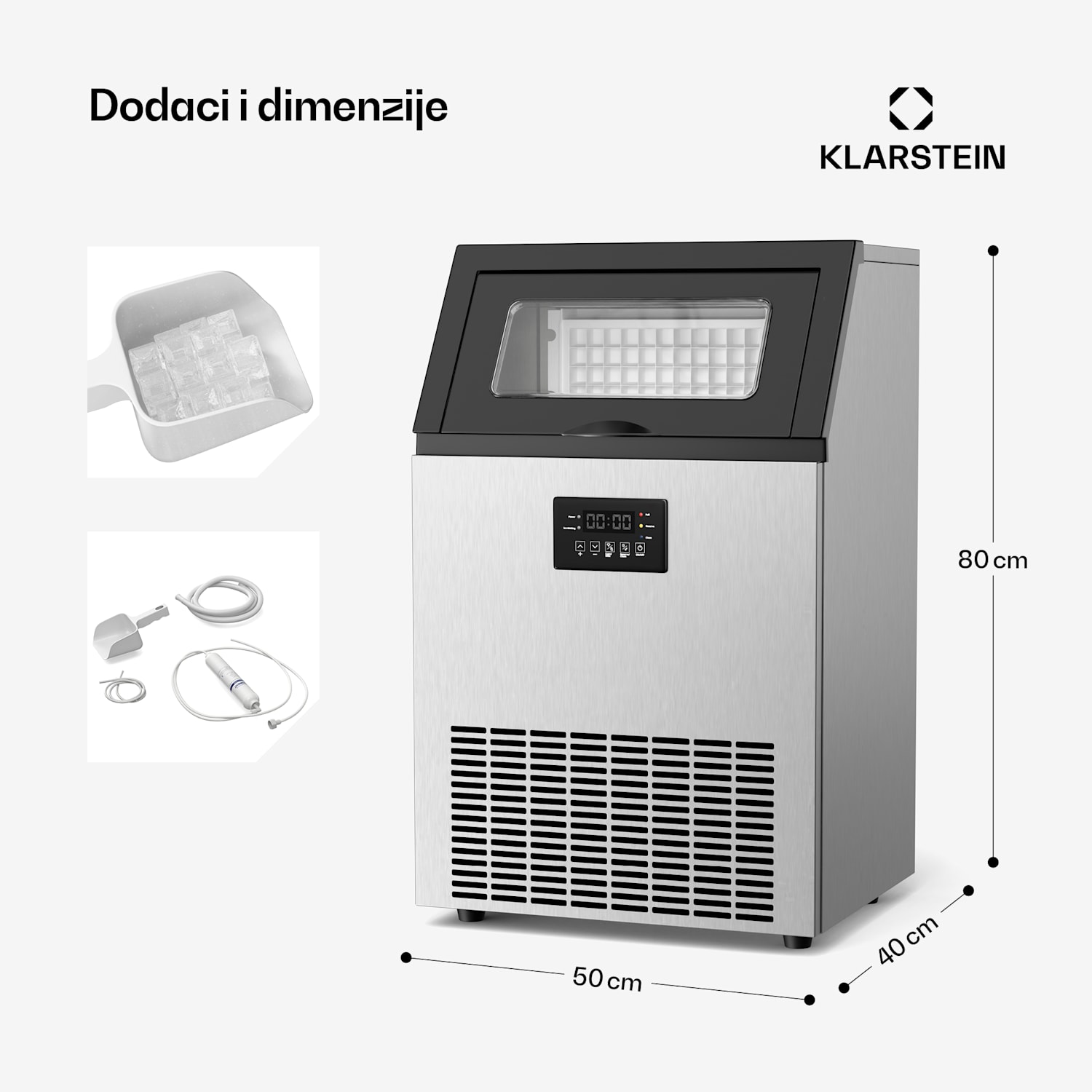 Glacial industrijski ledomat za kockice leda, kapaciteta 45 kg, s LED zaslonom i prozorčićem. 