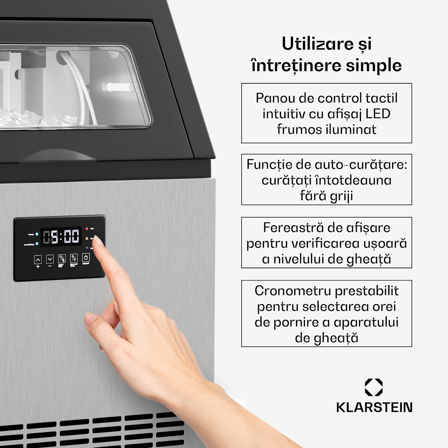 Mașină de gheață industrială Glacial, 45 kg, cu afișaj LED și fereastră. 