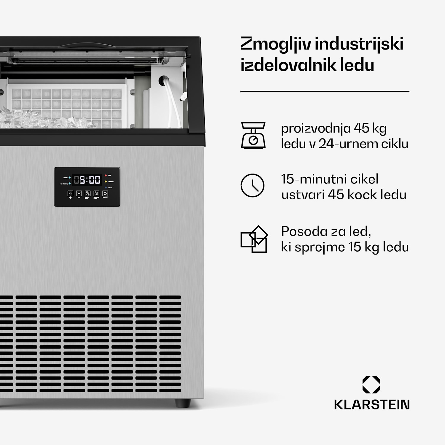 Glacial Industrijski aparat za led 45 kg s prikazovalnikom LED in okencem 