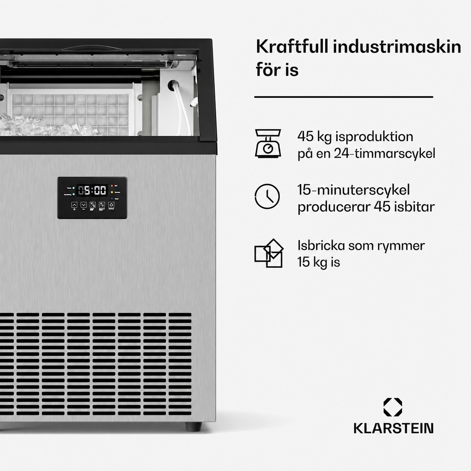 Industriell ismaskin Glacial 45 kg med LED-display och insynsfönster 