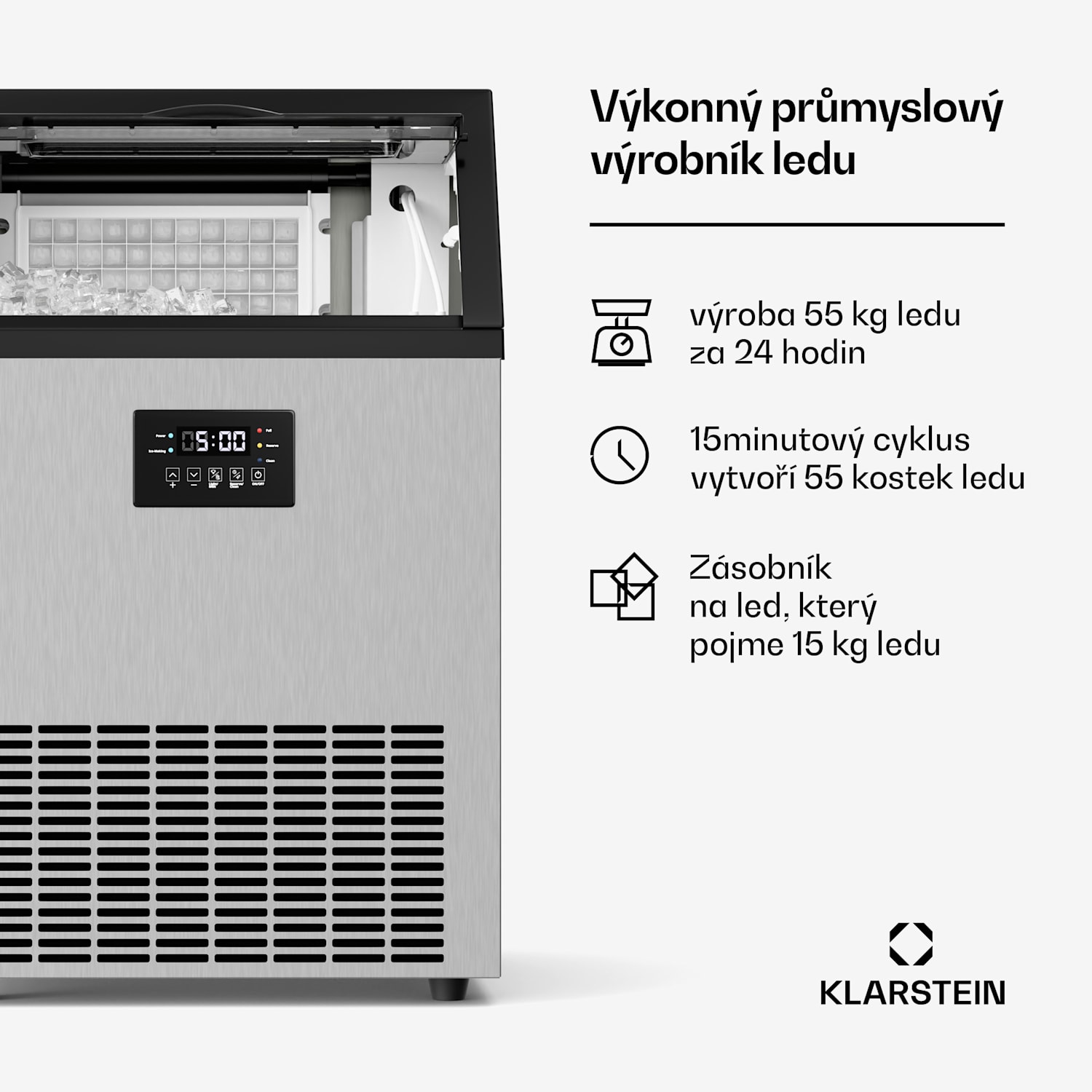 Glacial průmyslový výrobník ledu 55 kg s LED displejem a okénkem 