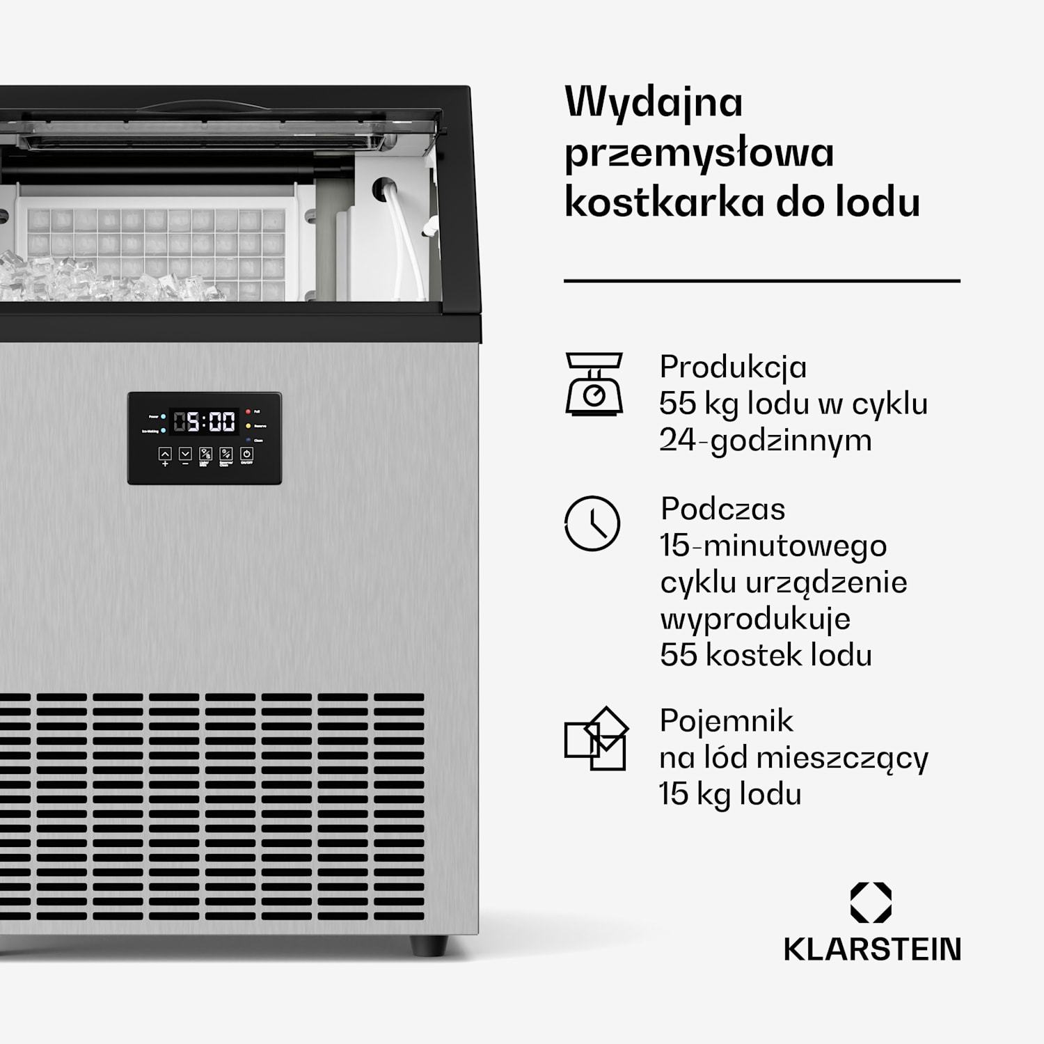 Glacial gastronomiczna kostkarka do lodu 55 kg wyświetlacz LED okienko 