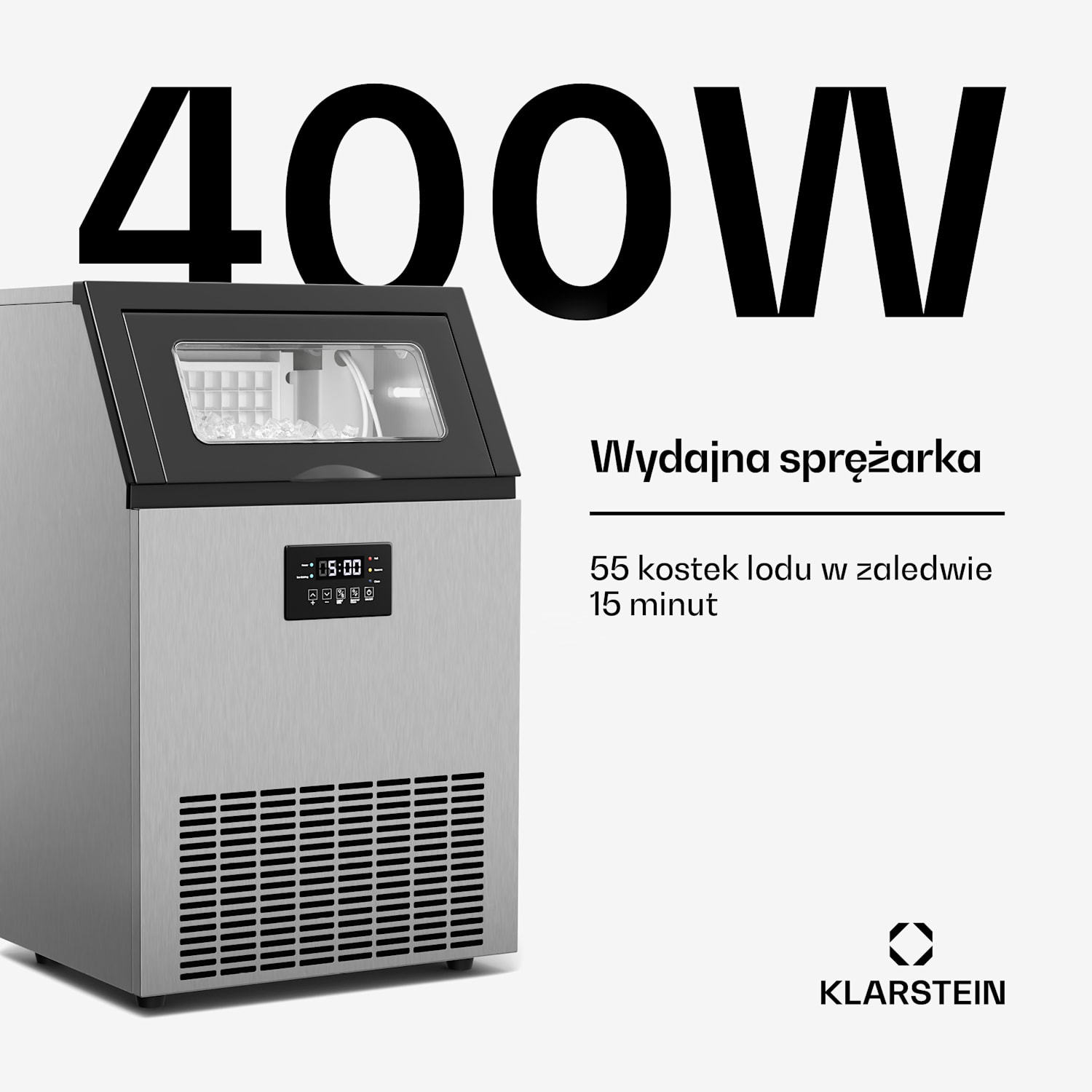 Glacial gastronomiczna kostkarka do lodu 55 kg wyświetlacz LED okienko 