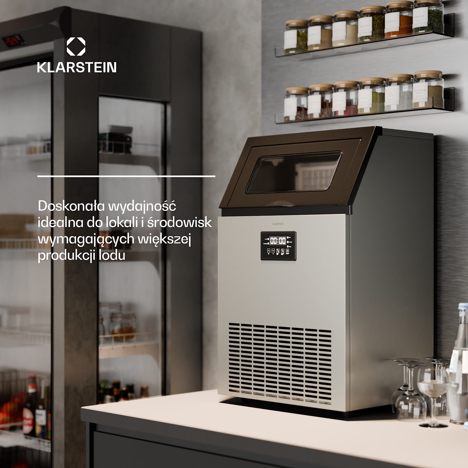 Glacial gastronomiczna kostkarka do lodu 55 kg wyświetlacz LED okienko 