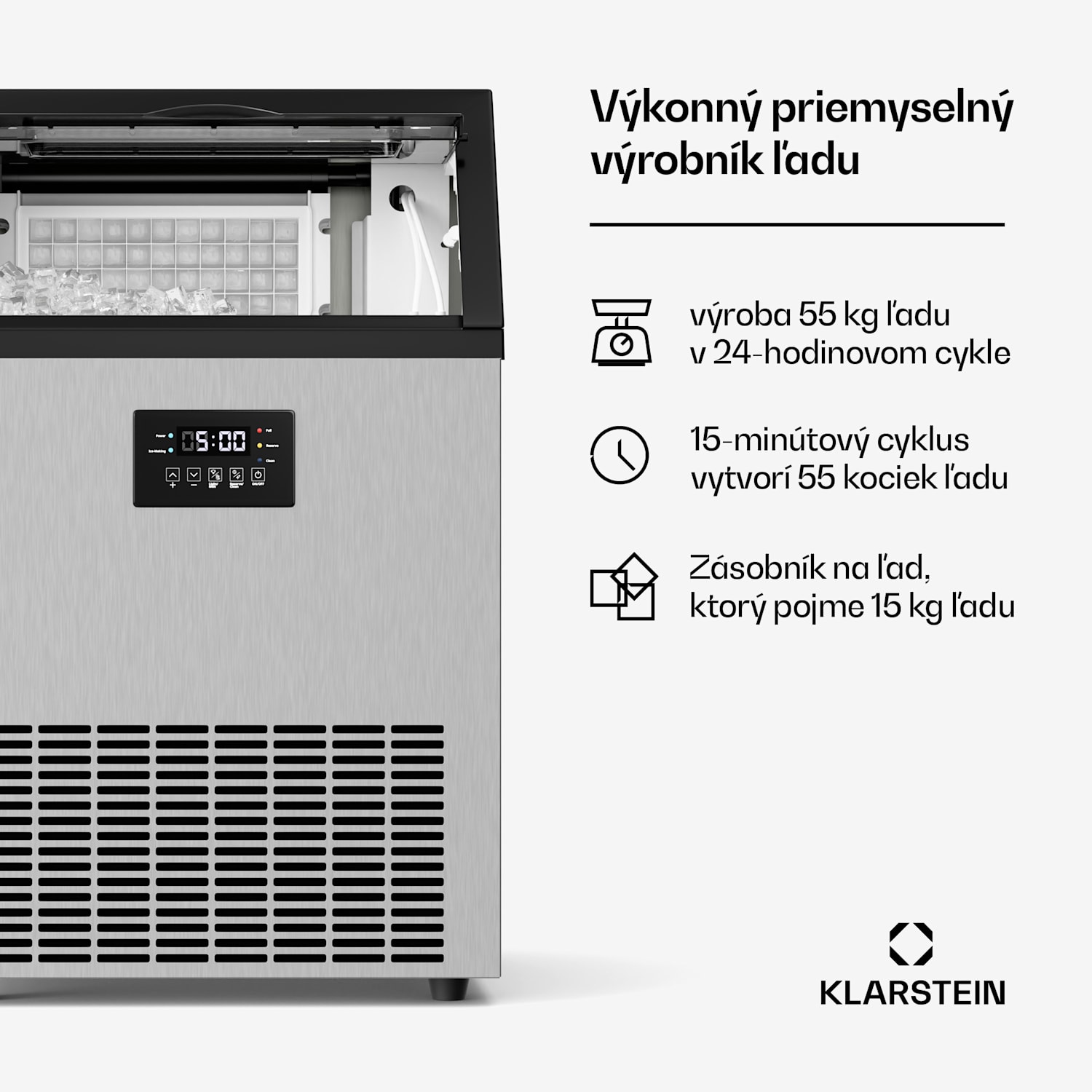 Glacial priemyselný výrobník kociek ľadu 55 kg s LED displejom a okienkom 