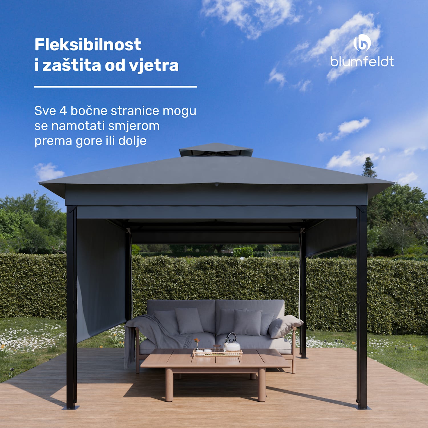 Grandezza Cortina vrtna sjenica 3x3 m, otporna na vremenske uvjete, zaštitno lakiranje, bočne rolete 3 x 3 m | Tamno siva