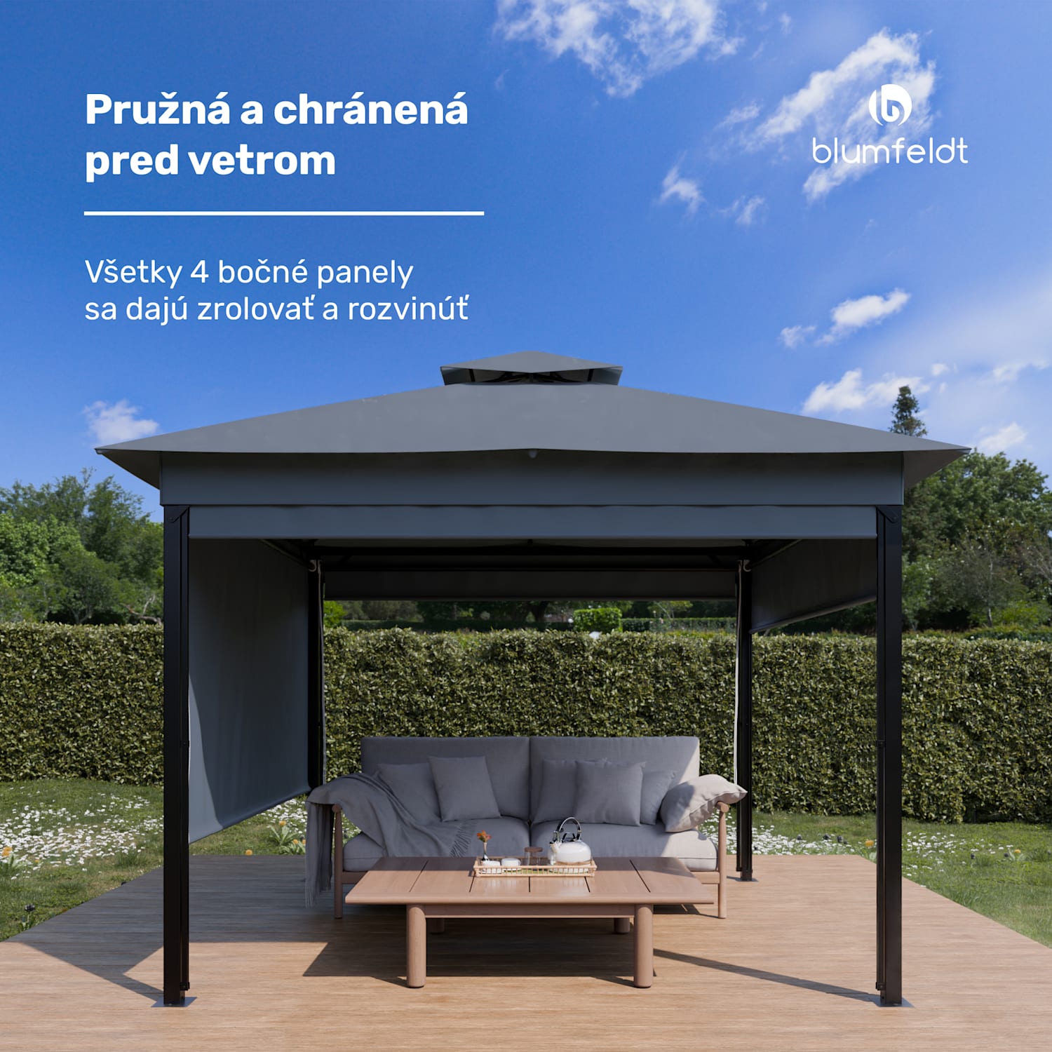 Grandezza Cortina záhradný altánok 3x3 m, odolný voči poveternostným vplyvom, prášková farba, bočné rolety 3 x 3 m | Tmavo šedá