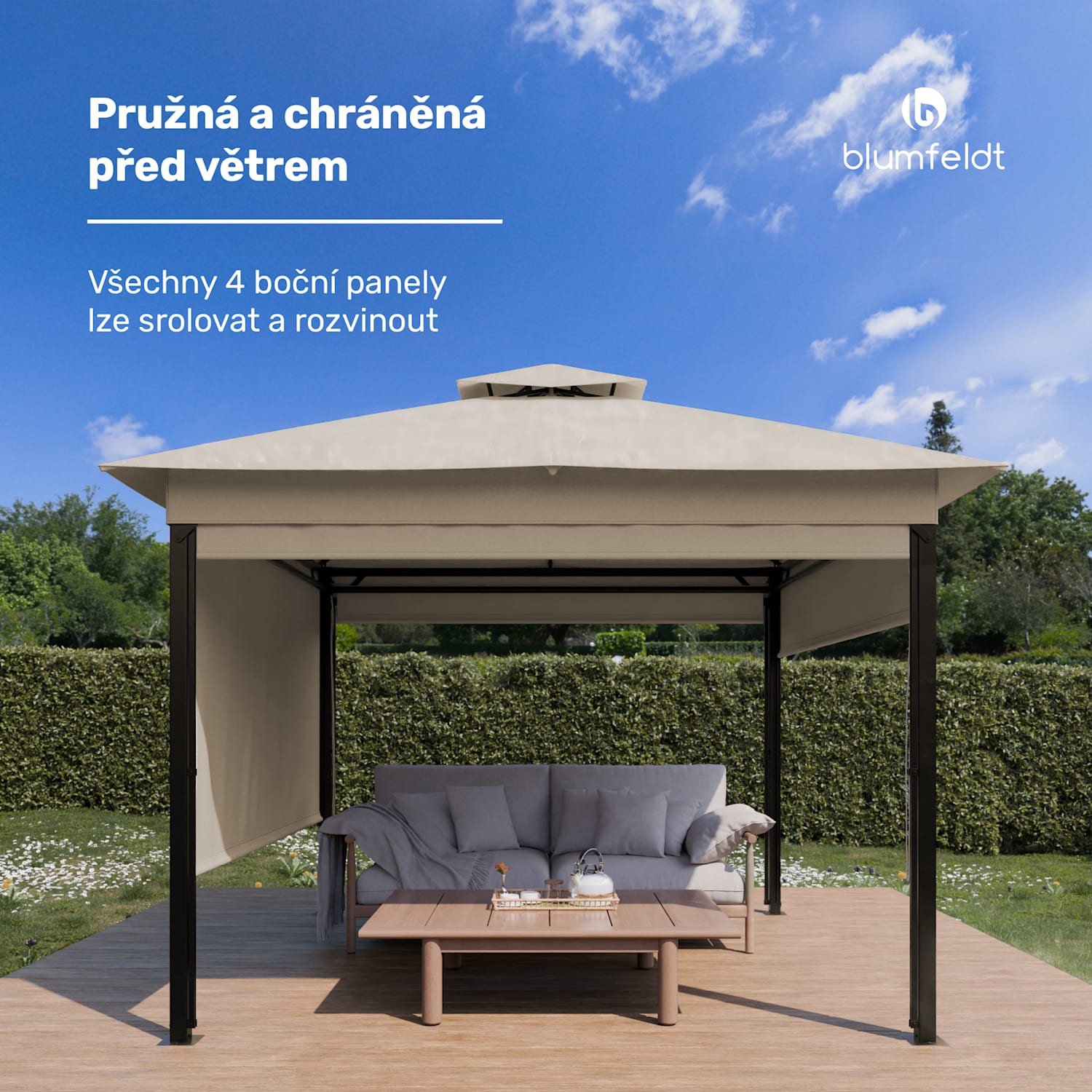 Grandezza Cortina zahradní altán 3x3 m, odolný proti povětrnostním vlivům, práškově lakovaný, boční rolety 3 x 3 m | Béžová