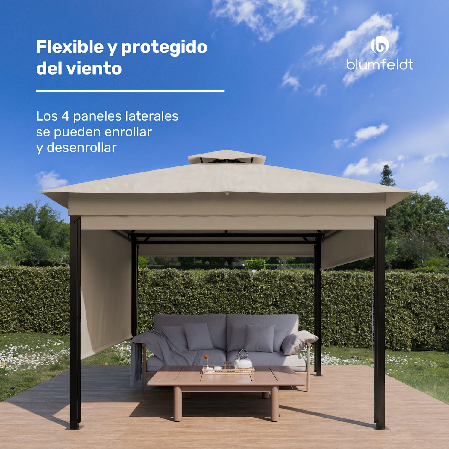 Cenador de jardín Grandezza Cortina 3x3 m | resistente a la intemperie | con recubrimiento en polvo | persianas laterales 3 x 3 m | Beige