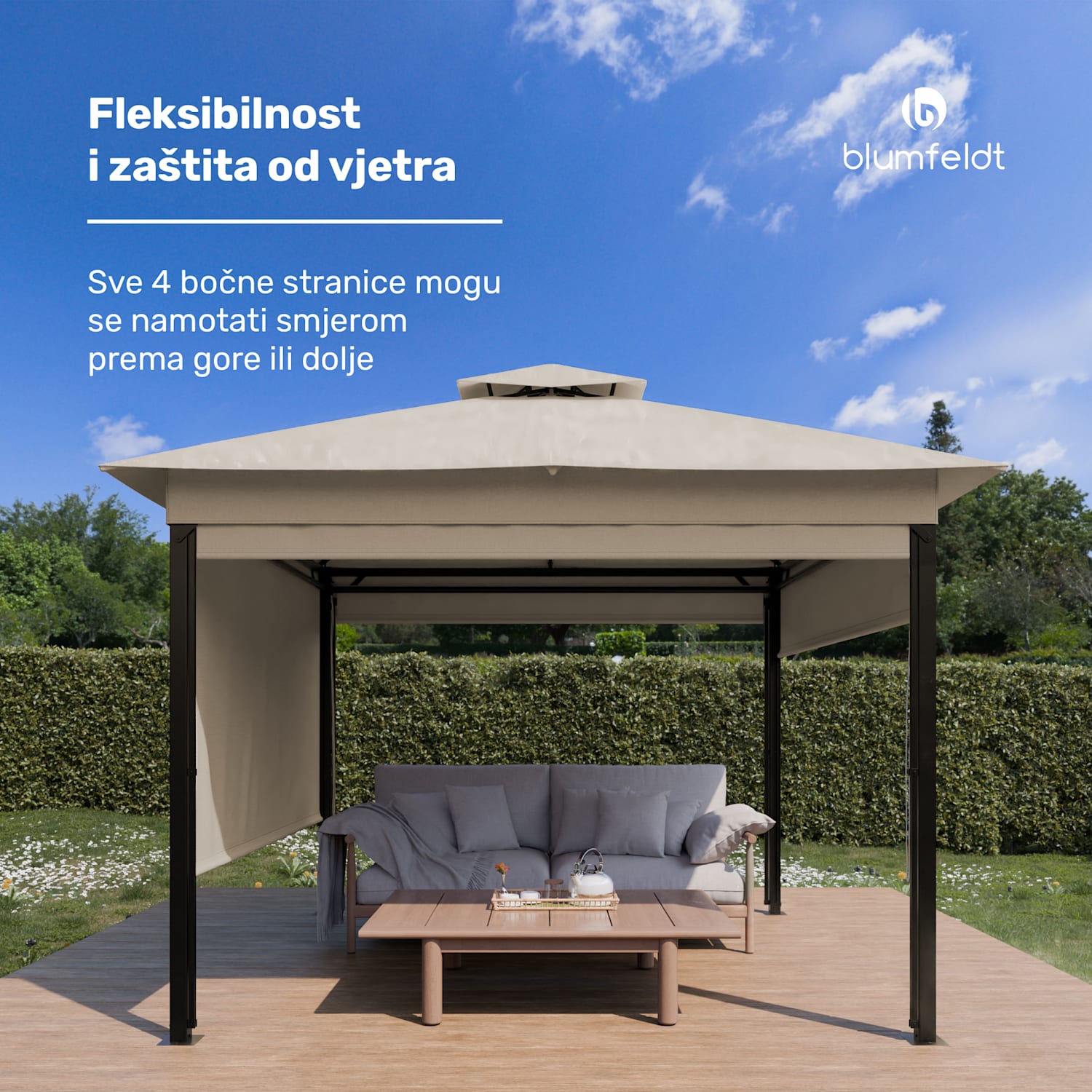 Grandezza Cortina vrtna sjenica 3x3 m, otporna na vremenske uvjete, zaštitno lakiranje, bočne rolete 3 x 3 m | Bež