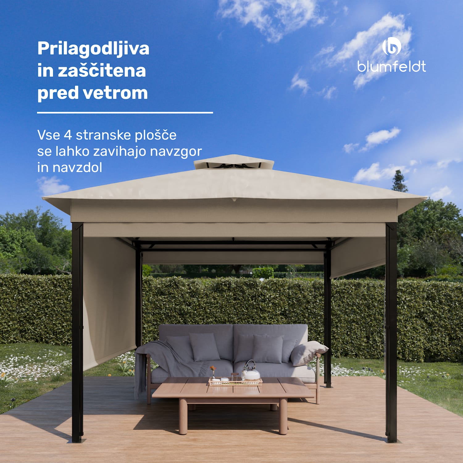 Vrtni paviljon Grandezza Cortina 3x3 m, odporen na vremenske vplive, prašno lakiran, stranske rolete 3 x 3 m | Bež