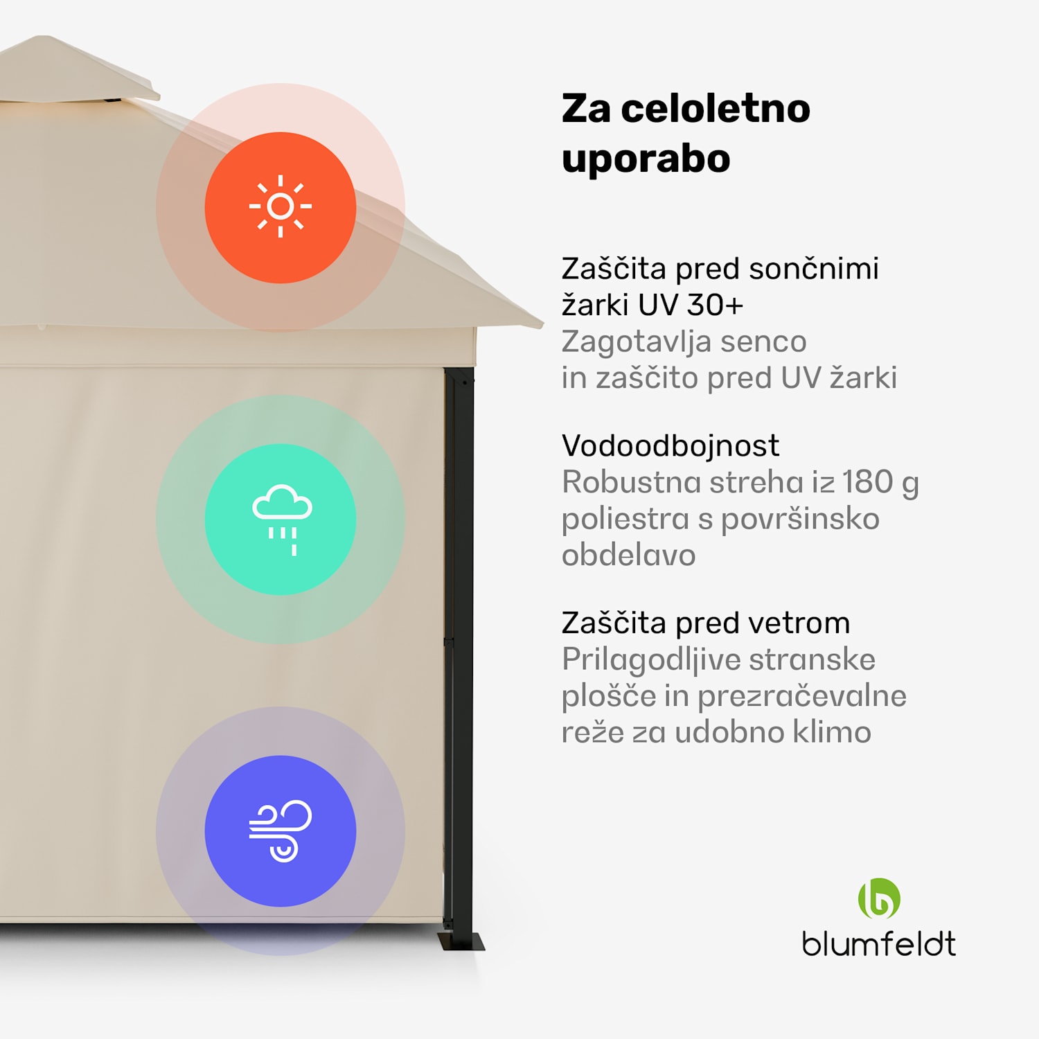 Vrtni paviljon Grandezza Cortina 3x3 m, odporen na vremenske vplive, prašno lakiran, stranske rolete 3 x 3 m | Bež