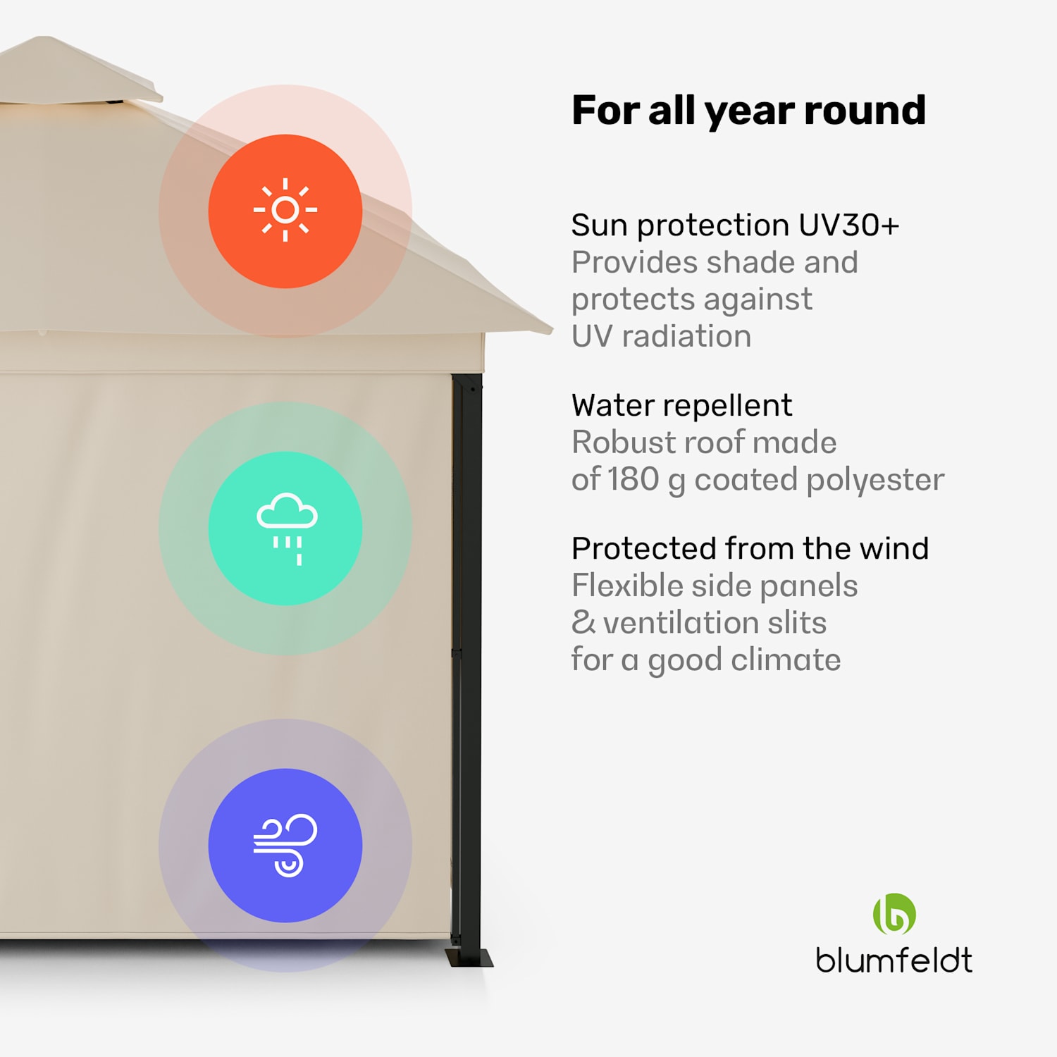 Grandezza Cortina puutarhapaviljonki 3 x 3 m | säänkestävä | jauhemaalattu | sivuilla rullaverhot 3 x 3 m | Beige