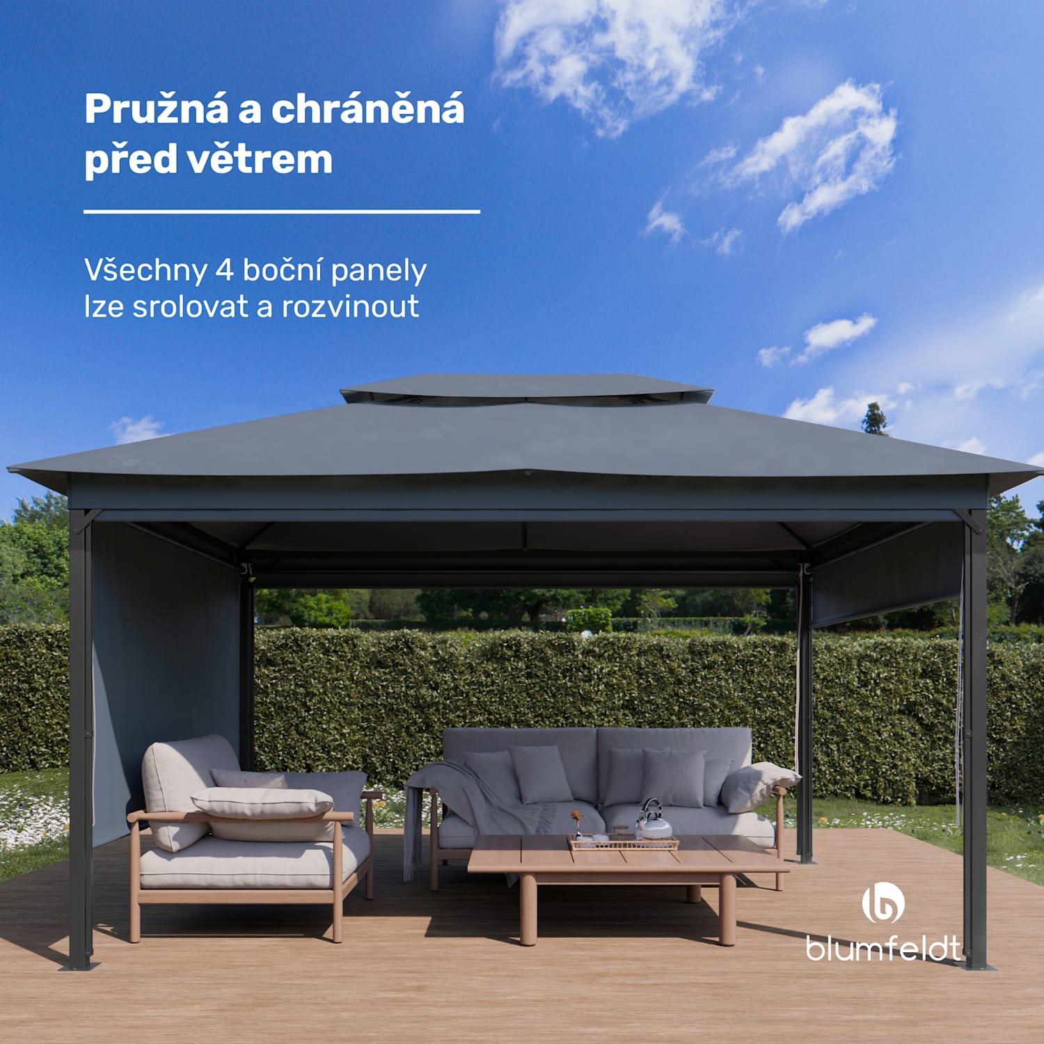 Grandezza Cortina zahradní altán 3x4 m, odolný proti povětrnostním vlivům, práškově lakovaný, boční rolety 3 x 4 m | Tmavě šedá