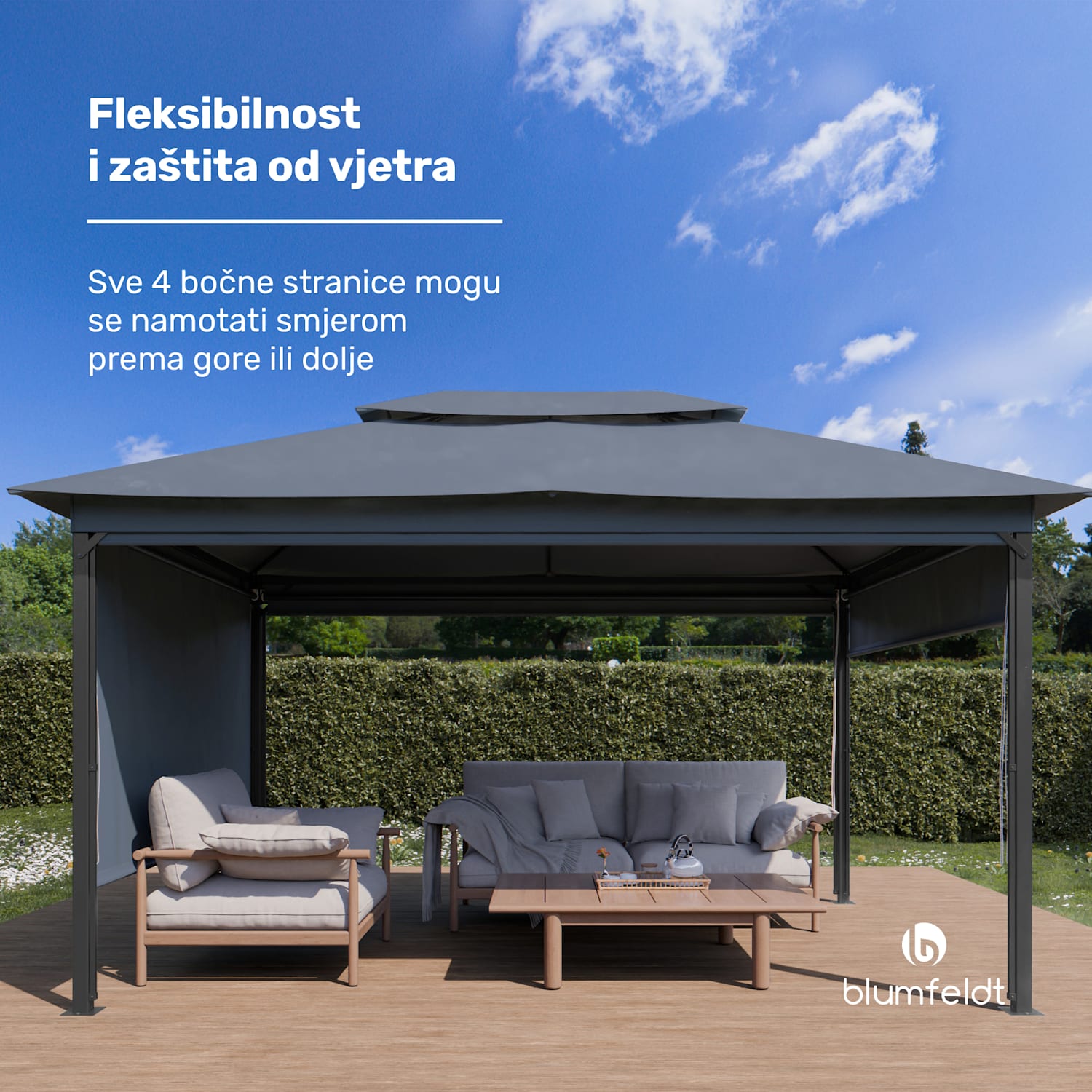 Grandezza Cortina vrtna sjenica 3x4 m, otporna na vremenske uvjete, zaštitno lakiranje, bočne rolete 3 x 4 m | Tamno siva