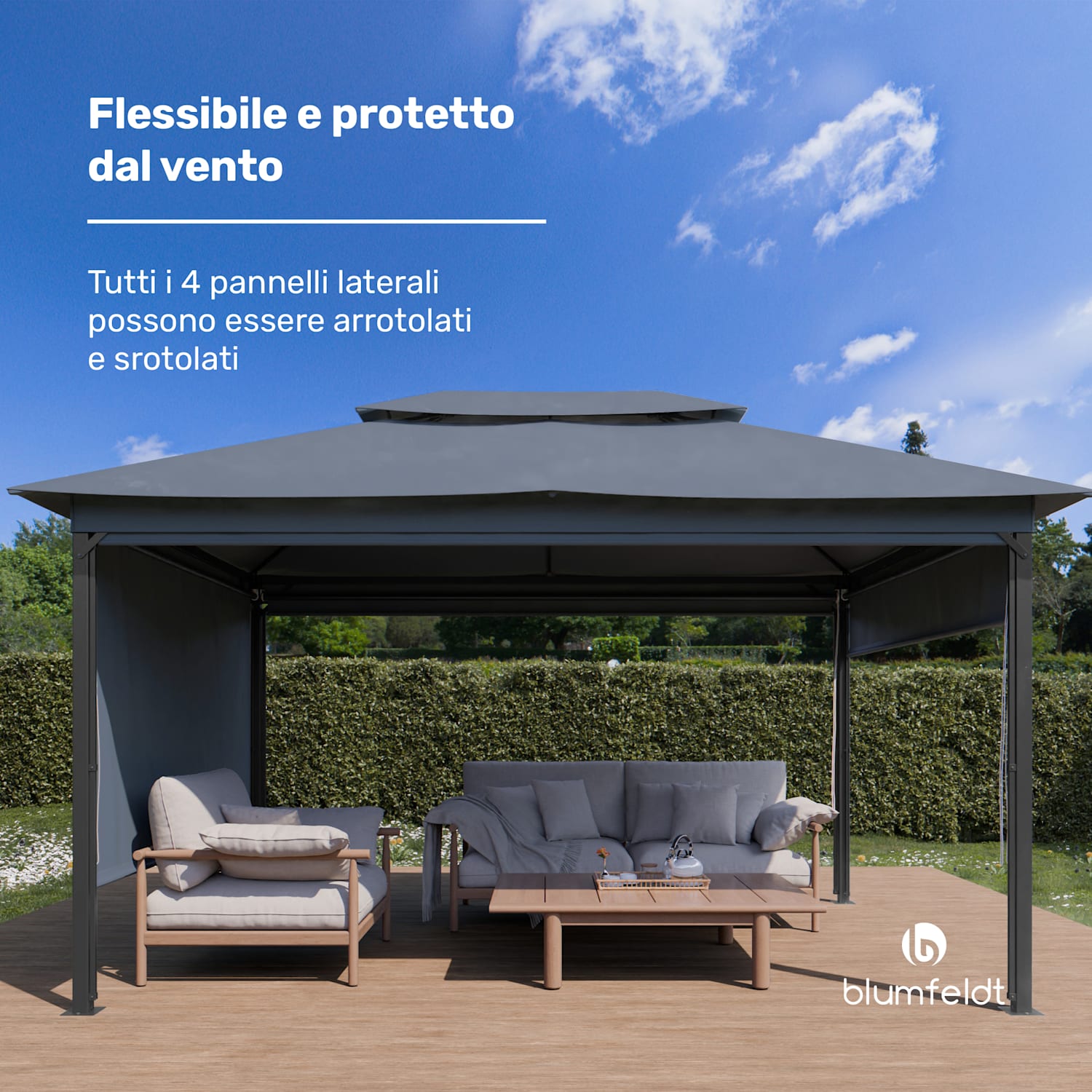 Grandezza Cortina - Gazebo da giardino, 3x4 m | Resistente agli agenti atmosferici | Verniciato a polvere | Imposte laterali 3 x 4 m | Grigio scuro