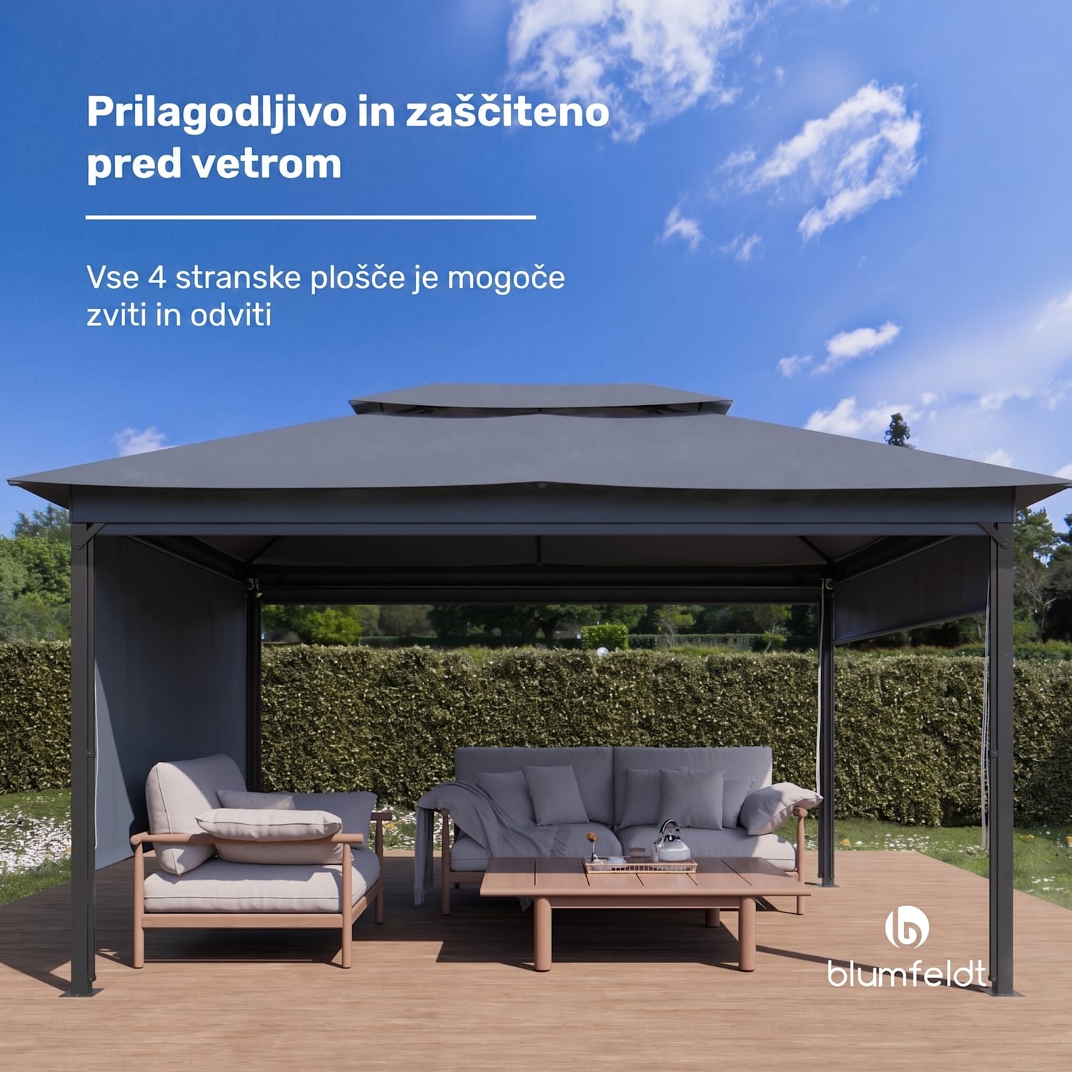Vrtni paviljon Grandezza Cortina 3x4 m, odporen na vremenske vplive, prašno lakiran, stranske rolete 3 x 4 m | Temno siva