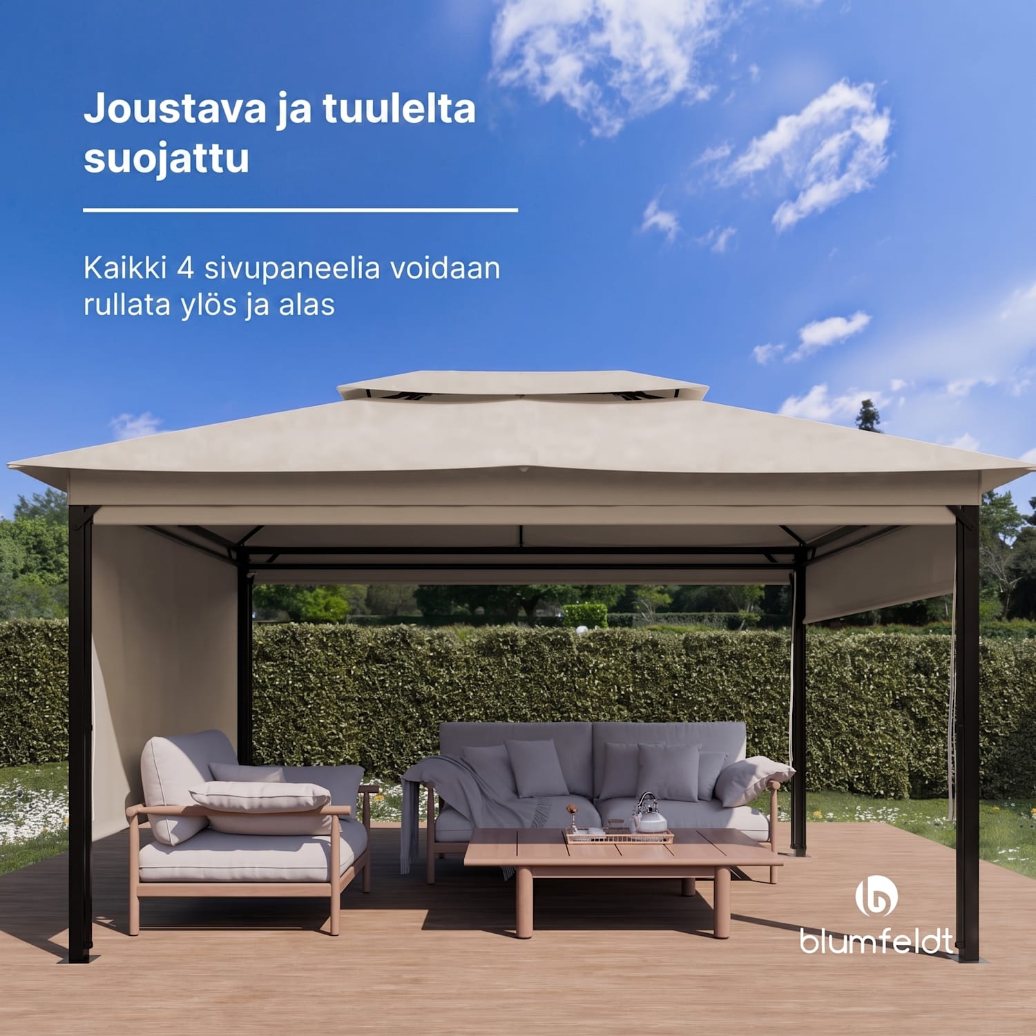 Grandezza Cortina puutarhapaviljonki 3 x 4 m | säänkestävä | jauhemaalattu | sivuilla rullaverhot 3 x 4 m | Beige