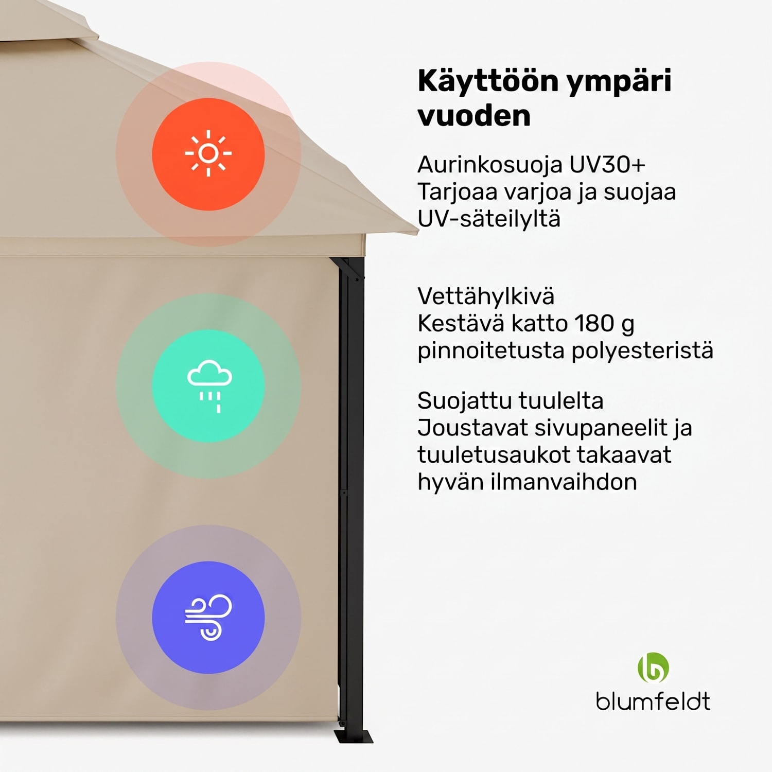 Grandezza Cortina puutarhapaviljonki 3 x 4 m | säänkestävä | jauhemaalattu | sivuilla rullaverhot 3 x 4 m | Beige