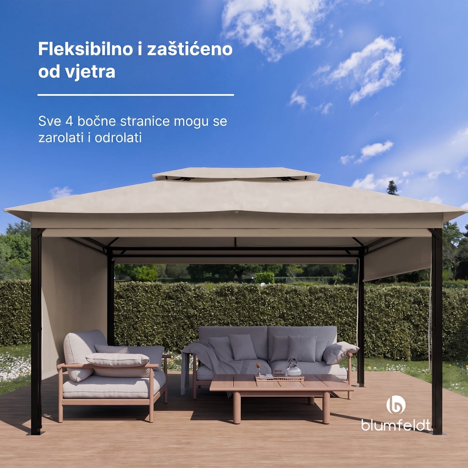 Grandezza Cortina vrtna sjenica 3x4 m, otporna na vremenske uvjete, zaštitno lakiranje, bočne rolete 3 x 4 m | Bež