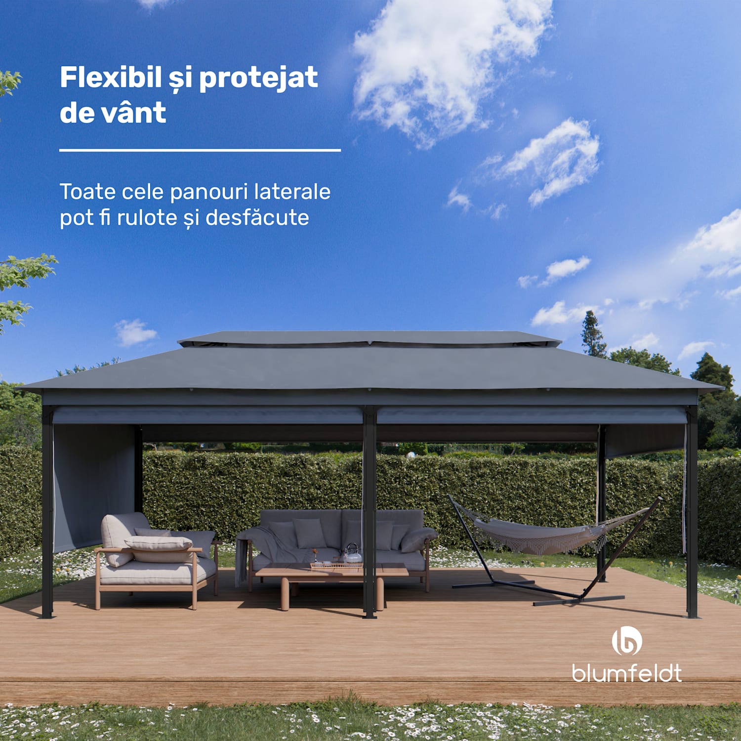 Grandezza Cortina foișor de grădină 3x4 m, rezistent la intemperii, acoperit cu pulbere, jaluzele laterale 3 x 6 m | Gri închis