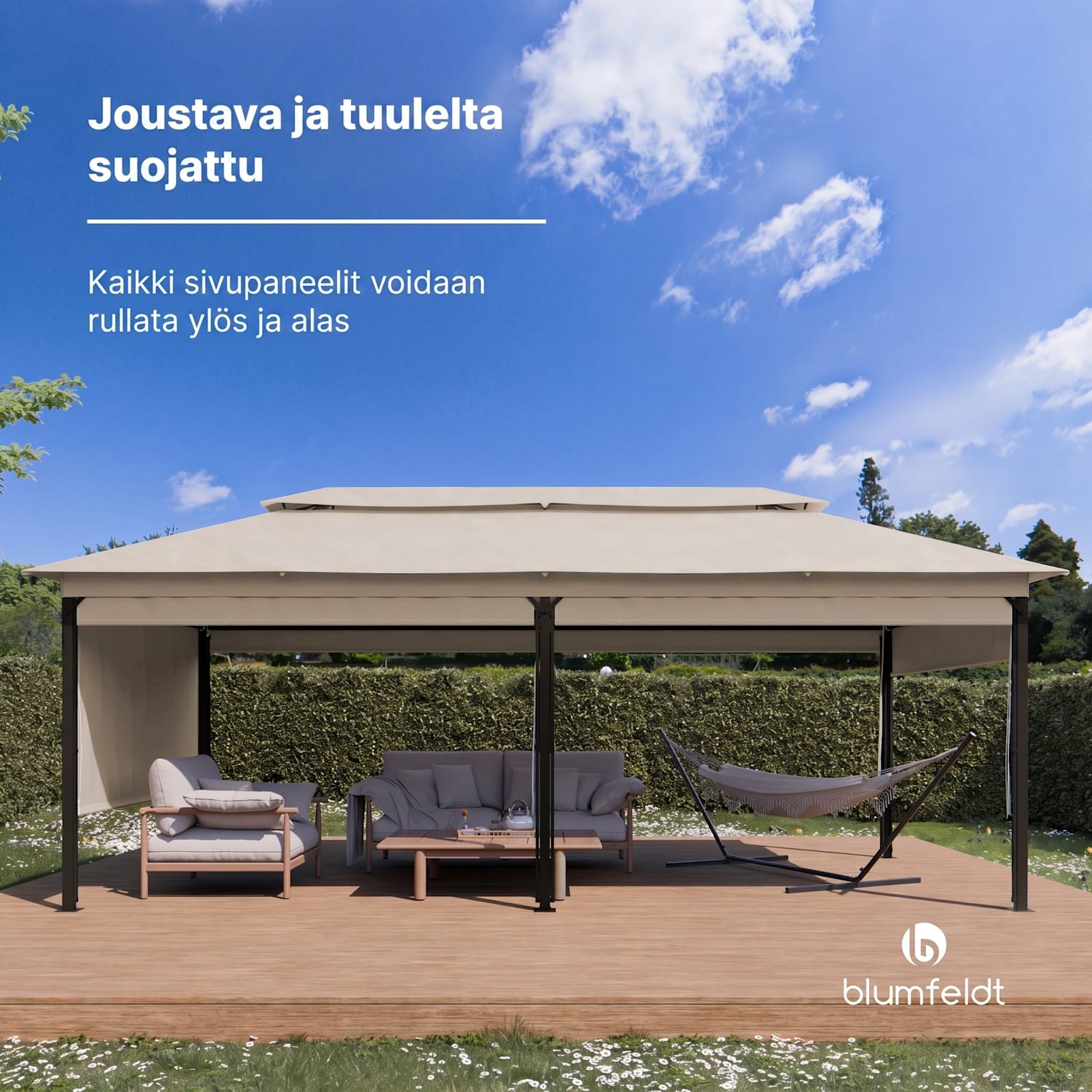 Grandezza Cortina puutarhapaviljonki 3 x 6 m | säänkestävä | jauhemaalattu | sivuilla rullaverhot 3 x 6 m | Beige