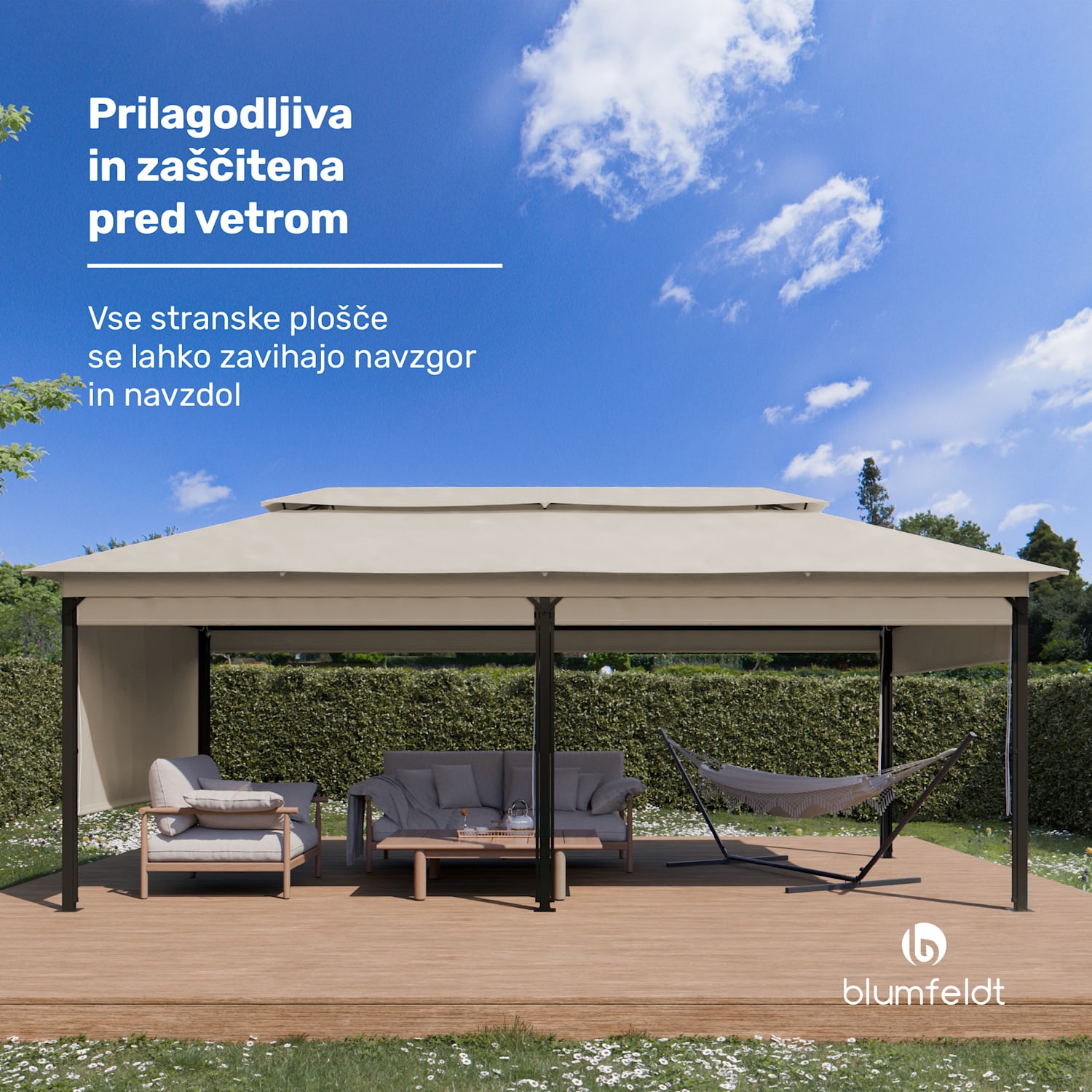 Grandezza Cortina vrtni paviljon 3x6 m, odporen na vremenske vplive, prašno lakiran, stranske rolete 3 x 6 m | Bež