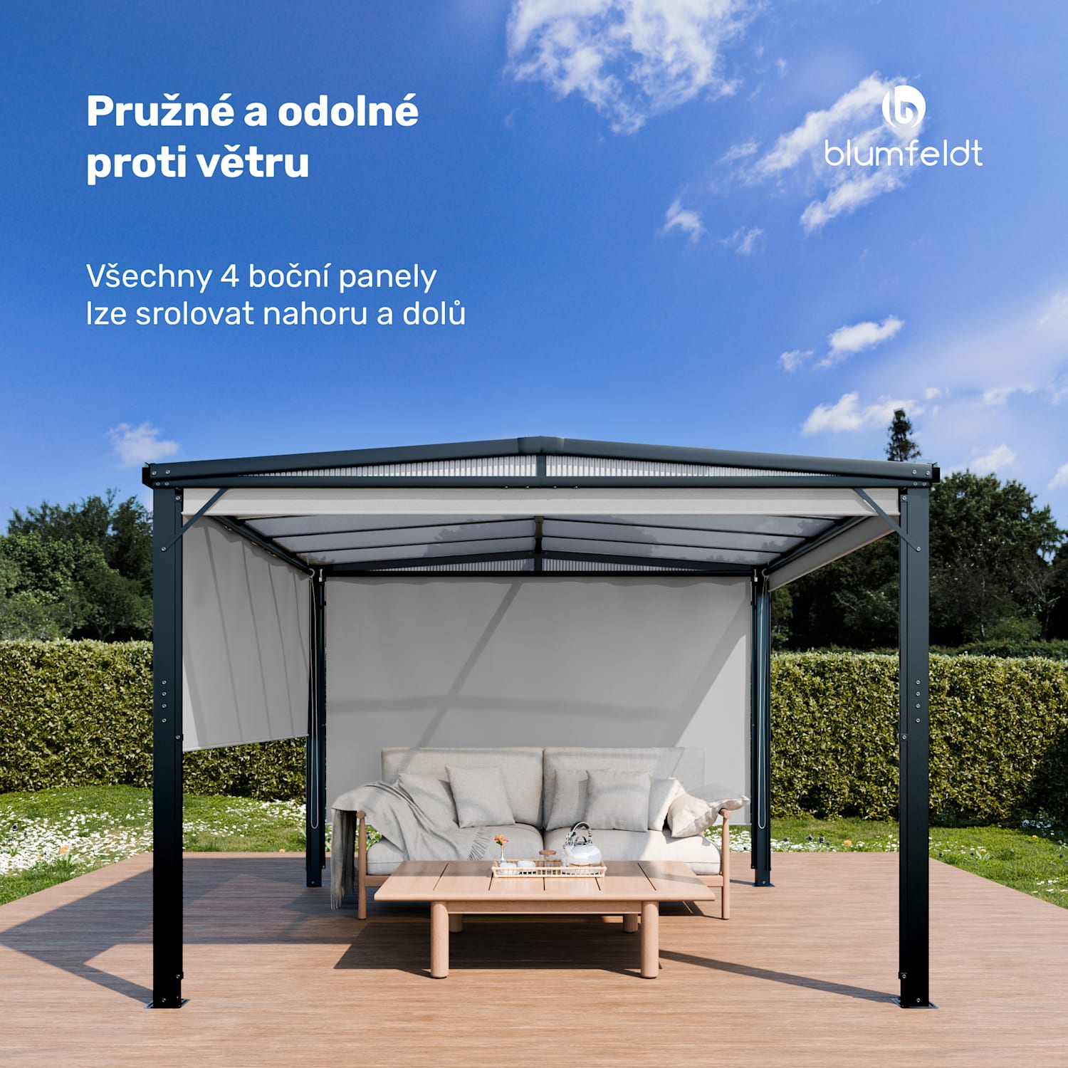 Pantheon Cortina Solid Sky 3x3 Pergola, odolná proti povětrnostním vlivům, prášková barva, boční panely 