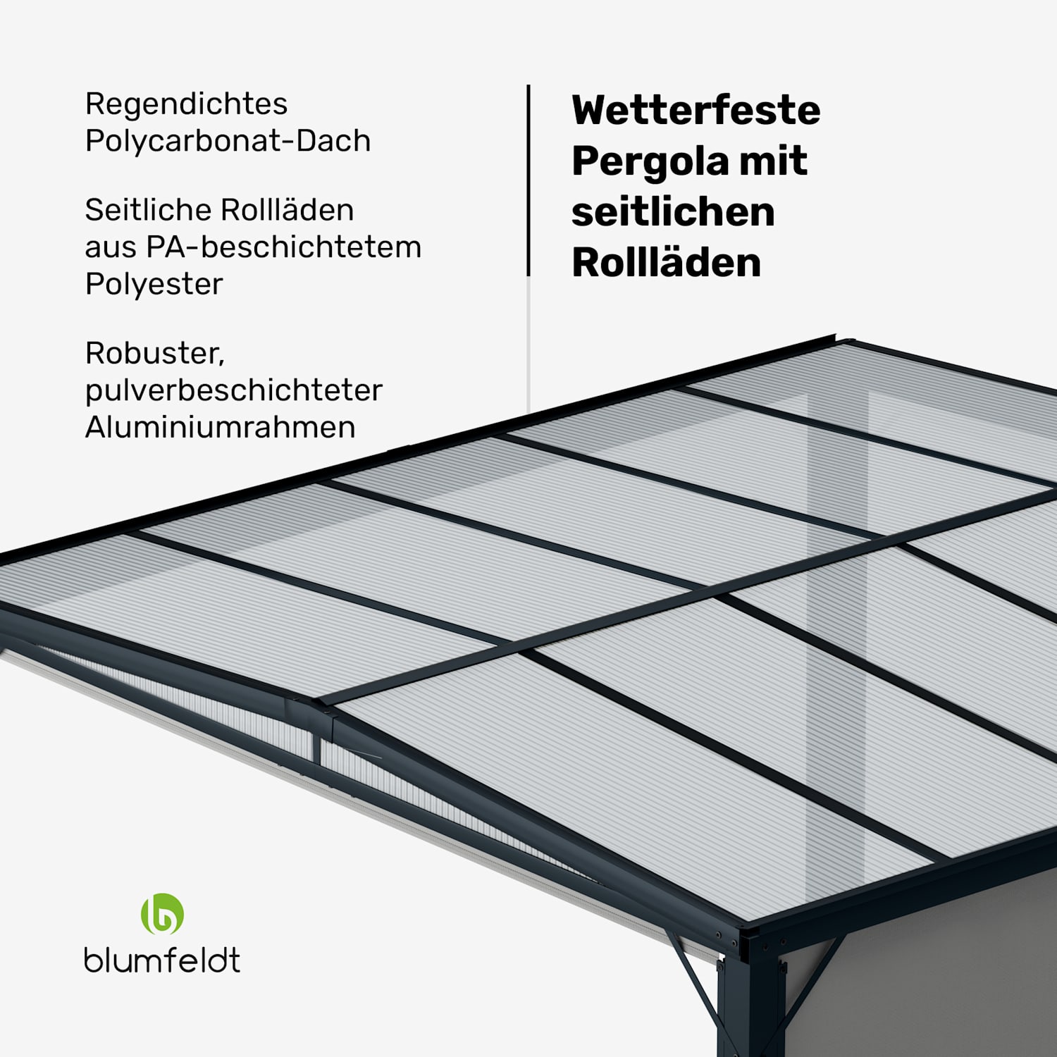 Pantheon Cortina Solid Sky Pergola 3x3 | wetterbeständig | pulverbeschichtet | seitliche Rollläden 