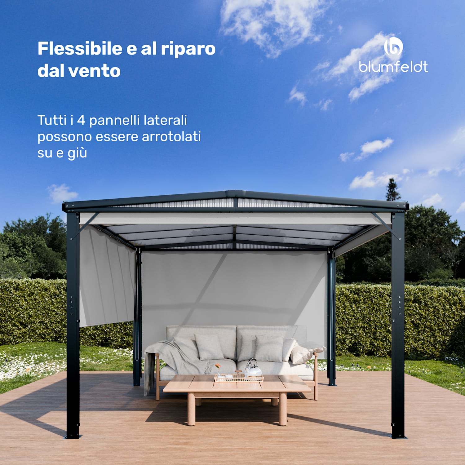 Pantheon Cortina Solid Sky - Pergola, 3x3 m | Resistente agli agenti atmosferici | Verniciata a polvere | Imposte laterali 
