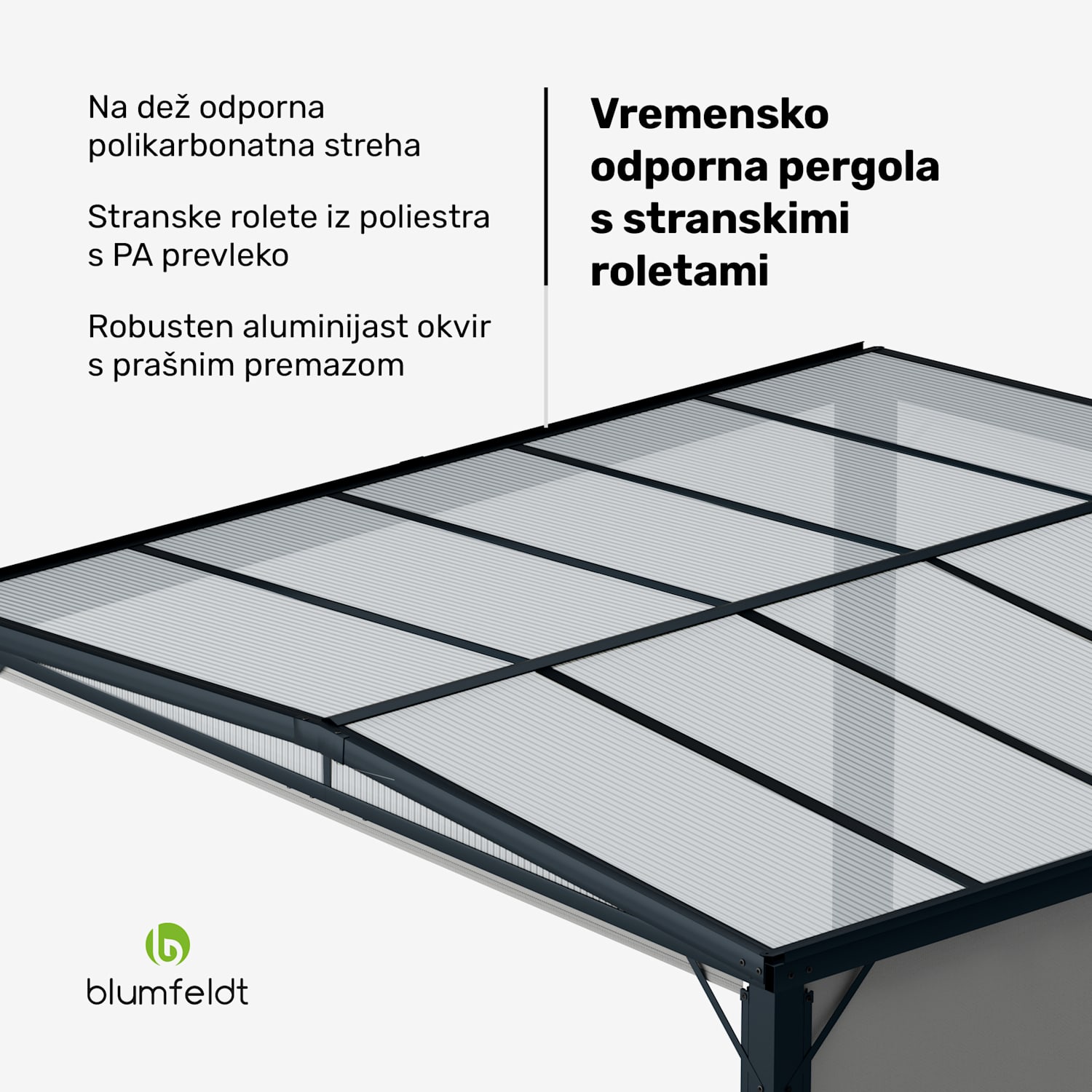 Pantheon Cortina Solid Sky Pergola 3x3, odporna na vremenske vplive, prašno lakirana, stranski paneli 