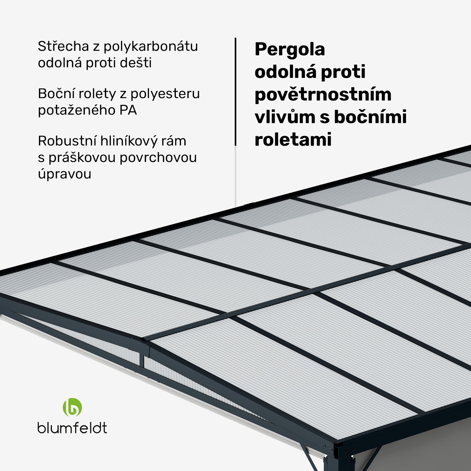 Pantheon Cortina Solid Sky Pergola 3x4, odolná proti povětrnostním vlivům, prášková barva, boční panely 