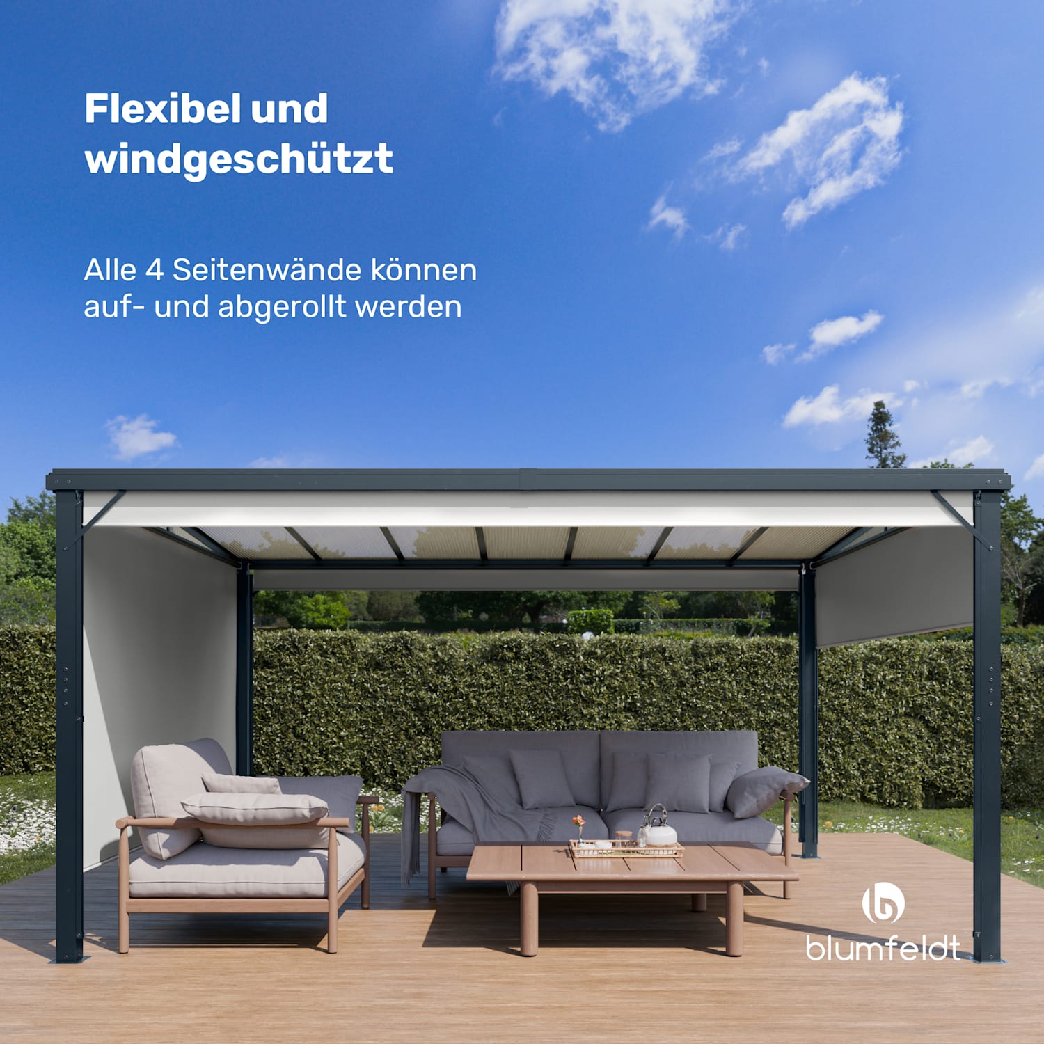Pantheon Cortina Solid Sky Pergola 3x4 | wetterbeständig | pulverbeschichtet | seitliche Rollläden 