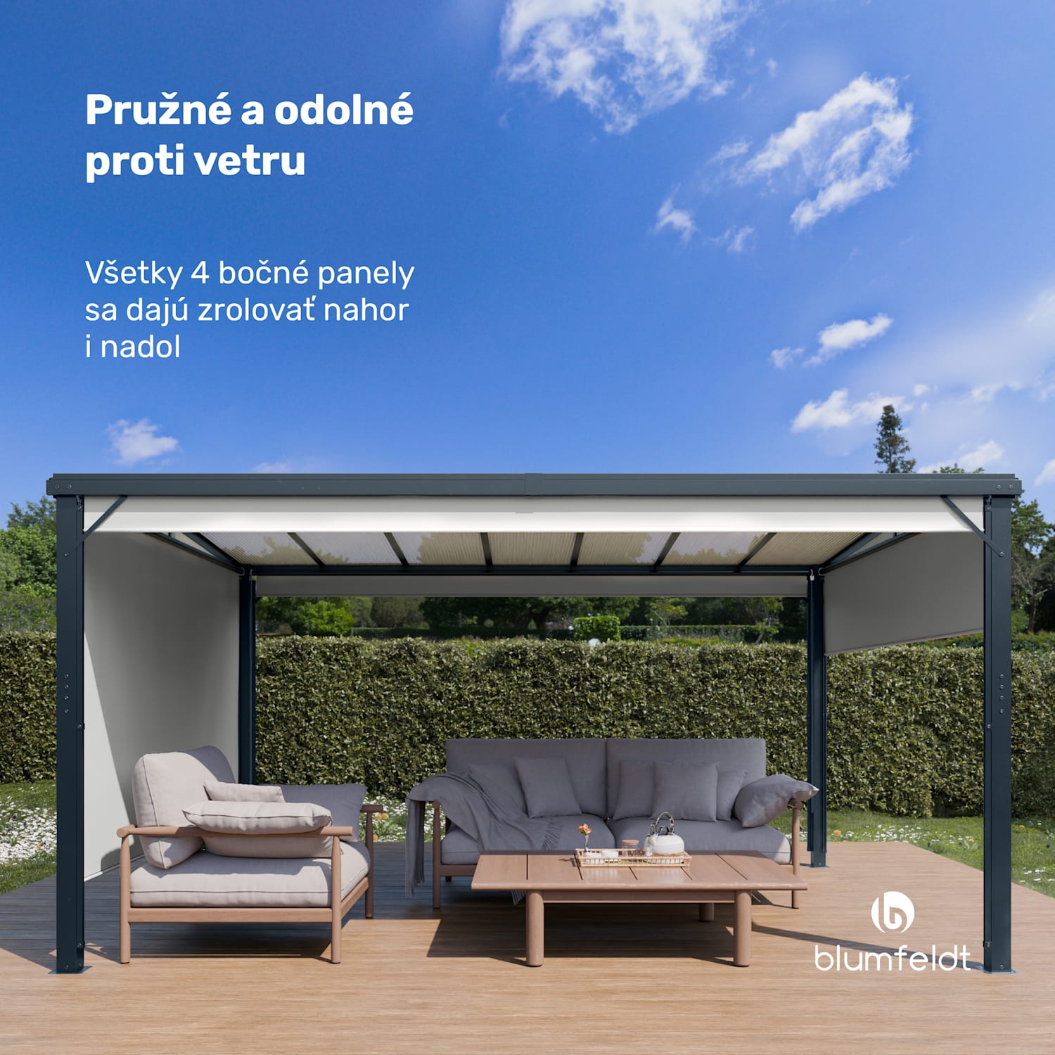 Pantheon Cortina Solid Sky Pergola 3x4, odolná voči poveternostným vplyvom, s práškovým nástrekom, bočné panely 
