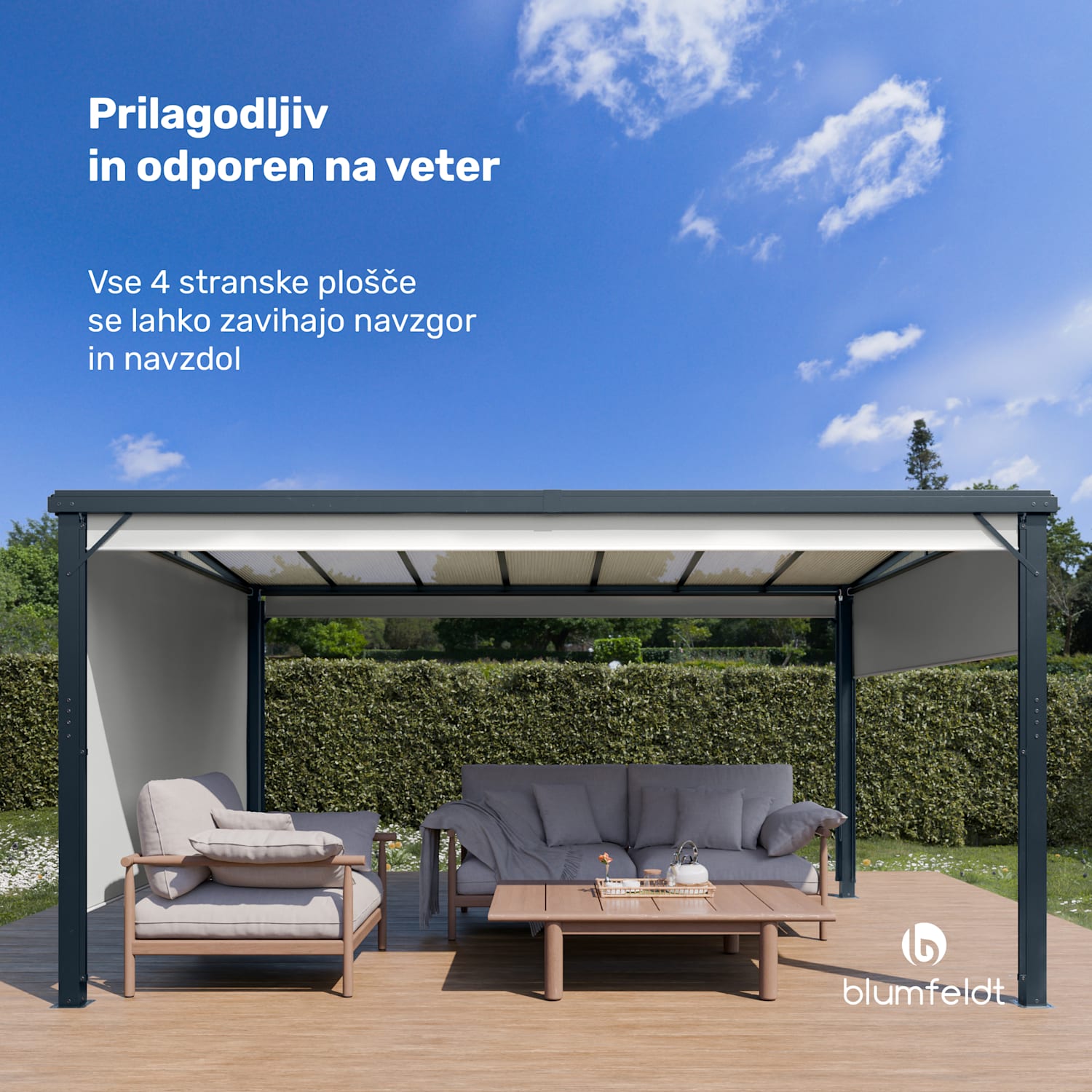 Pantheon Cortina Solid Sky Paviljon 3x4, odporen na vremenske vplive, s praškastim premazom, stranski paneli 