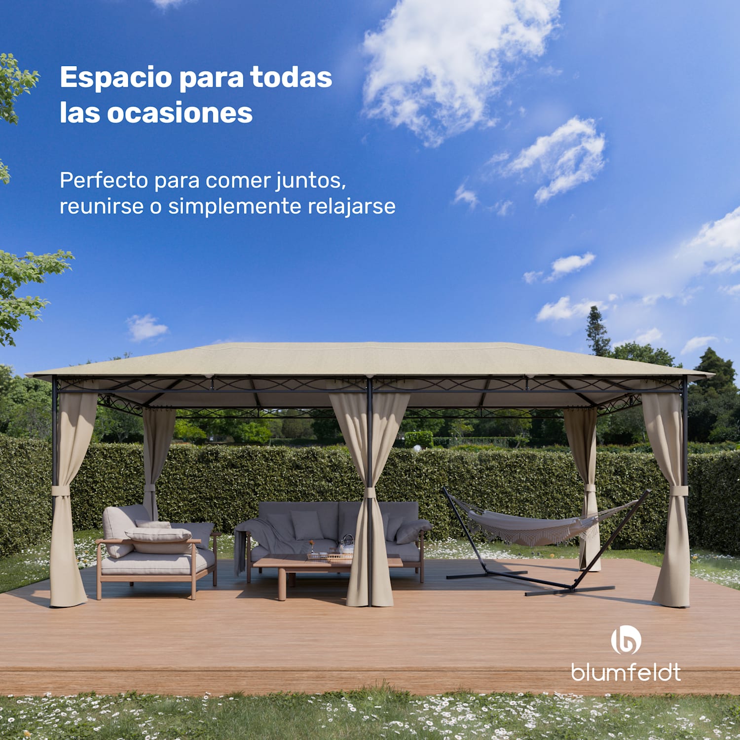 Mondo cenador 3x6 con estructura de metal y 4 paredes laterales 3 x 6 m | Beige