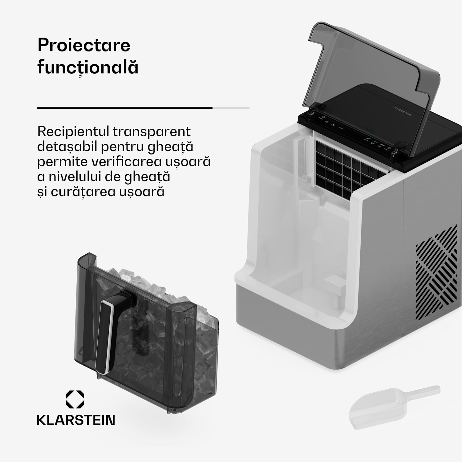 Ice Lux mașină de făcut cuburi de gheață, Oțel inoxidabil, 23kg/24h, Auto-curățare Argintiu