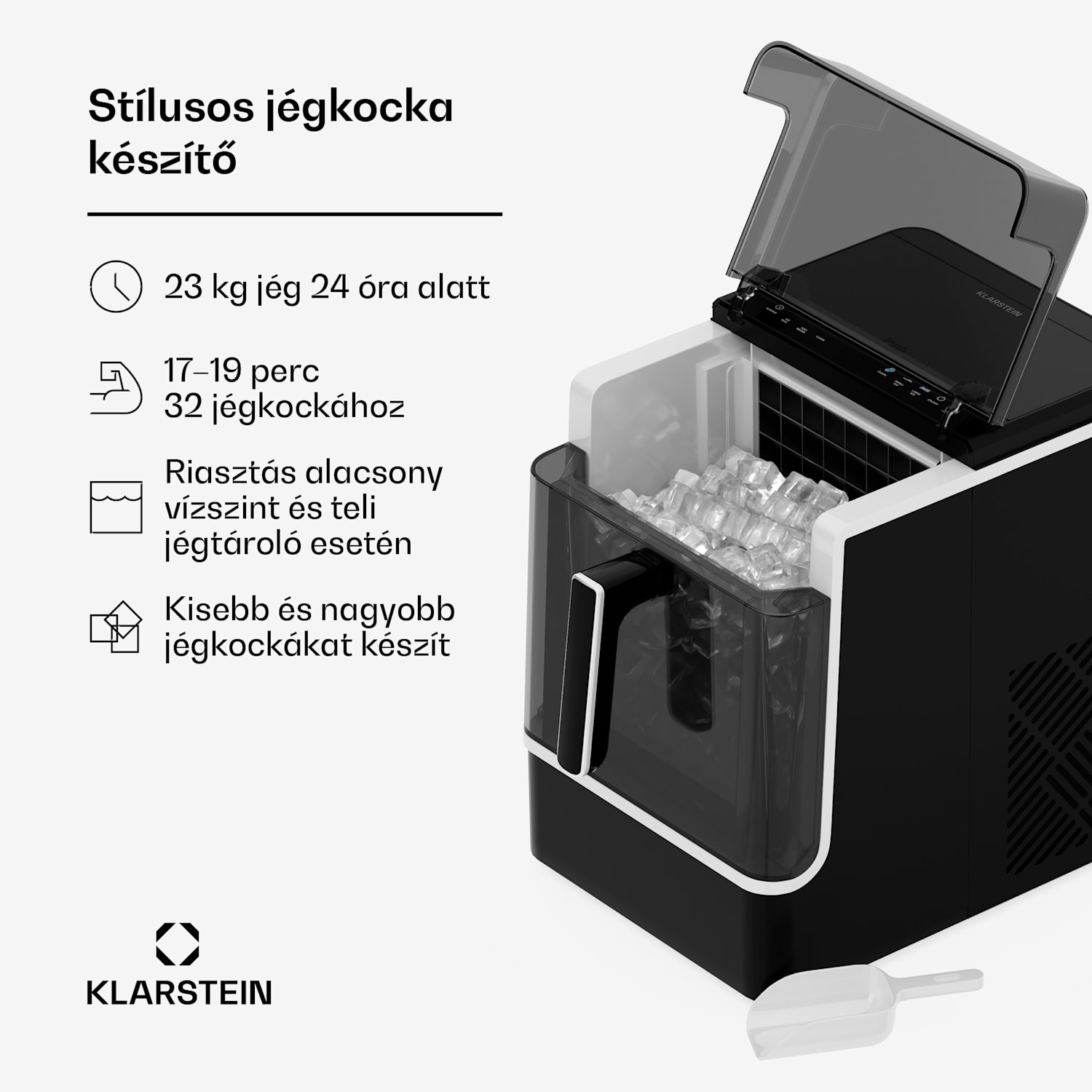 Ice Lux jégkocka készítő, Rozsdamentes acél, 23 kg/24 ó, Öntisztító Fekete