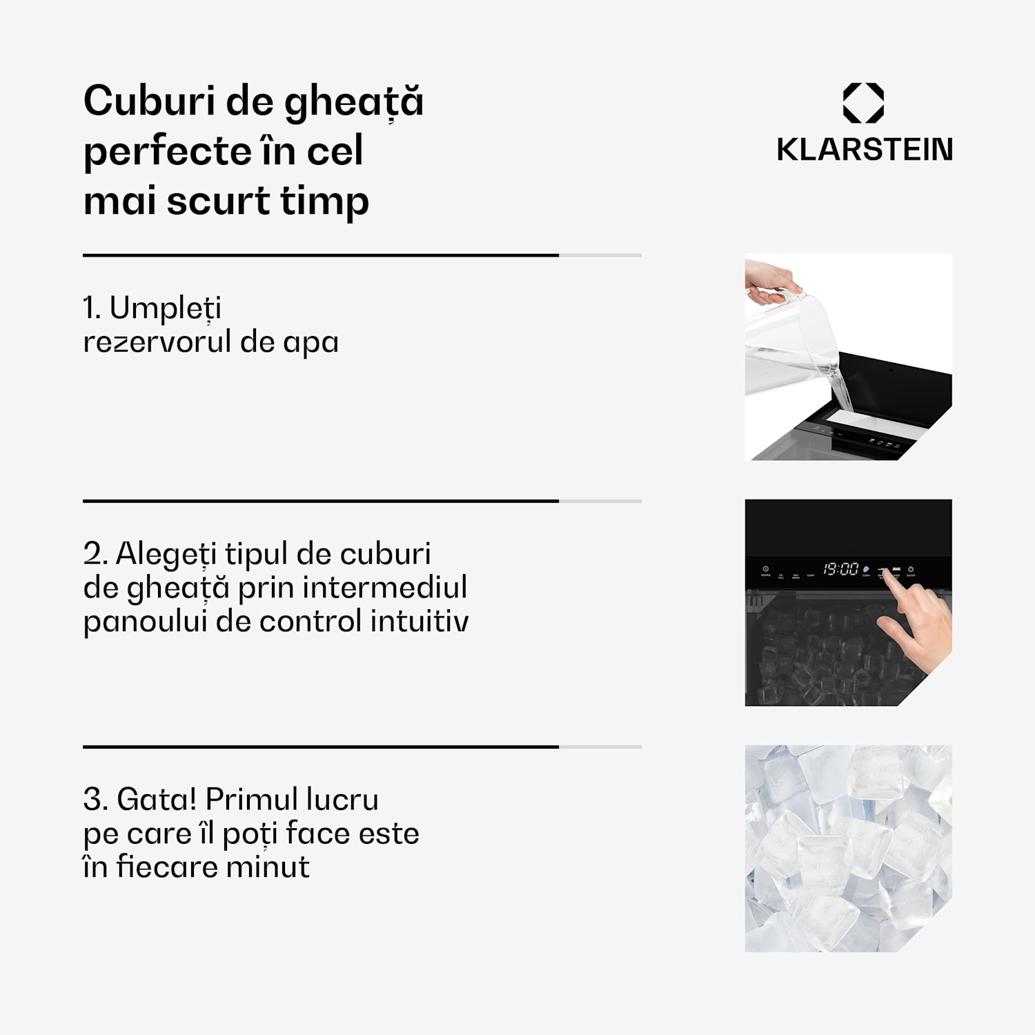 Ice Lux aparat de făcut gheață, din oțel inoxidabil, 23 kg/24 h, auto-curățare. Negru